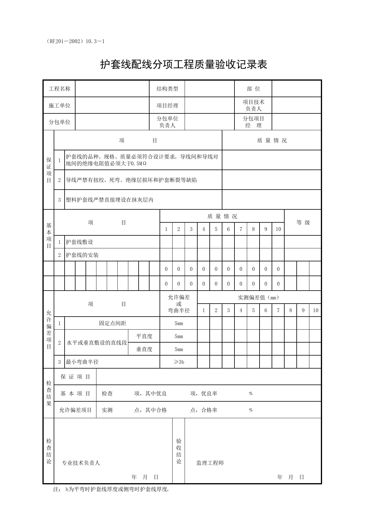 护套线配分项工程质量验收记录表_一、分项工程质量验收记录表(7.建筑电气安装工程)_人防工程质量验收评定用表_安徽合肥人防表格_安徽省建筑资料库 第 1 页