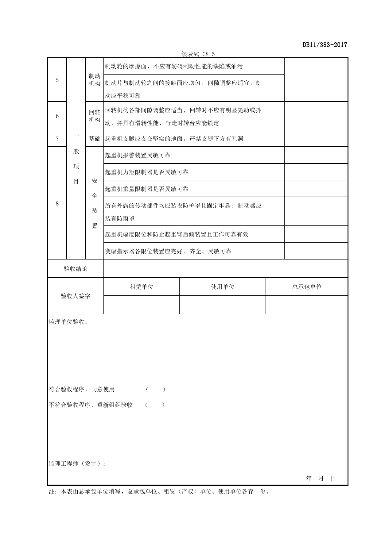 表AQ-C8-5 流动式起重机械检查验收表_AQ-C8 工程项目塔式起重机、起重吊装资料_AQ-C类 施工单位施工现场安全资料_北京市建设工程施工现场安全资料管理规程(DB11_383-2017) 第 2 页
