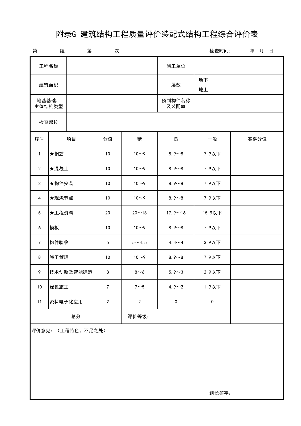 附录G 建筑结构工程质量评价装配式结构工程综合评价表_北京市建筑(长城)结构优质工程质量评价标准 T_BCQMS01-2024_北京优质工程表格_北京市建筑工程资料管理规程 DB11∕T695-2025 第 1 页