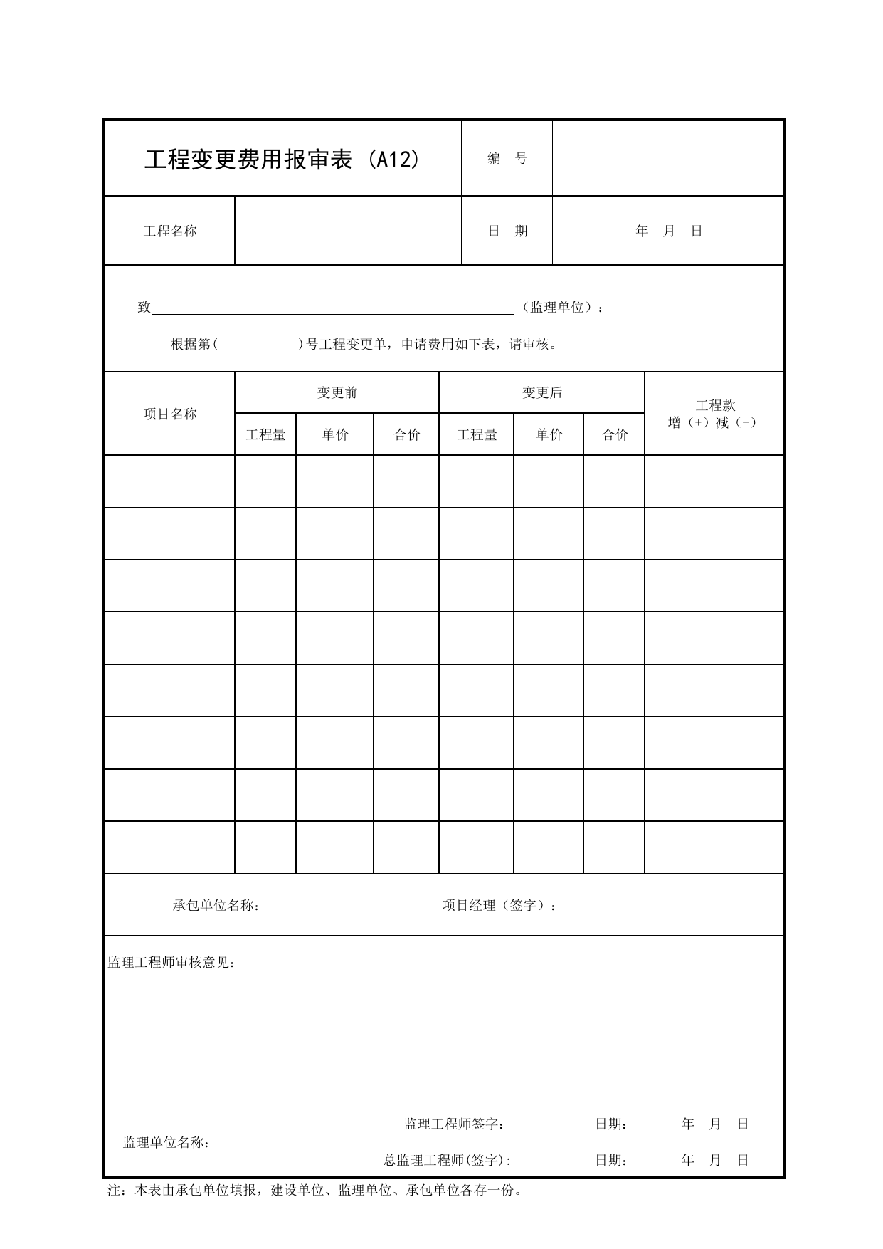 A12 工程变更费用报审表_附录A 承包单位用表_建设工程监理规程(DBJ 01-41-2002)_北京市建设工程施工现场安全资料管理规程DB11-383-2006 第 1 页