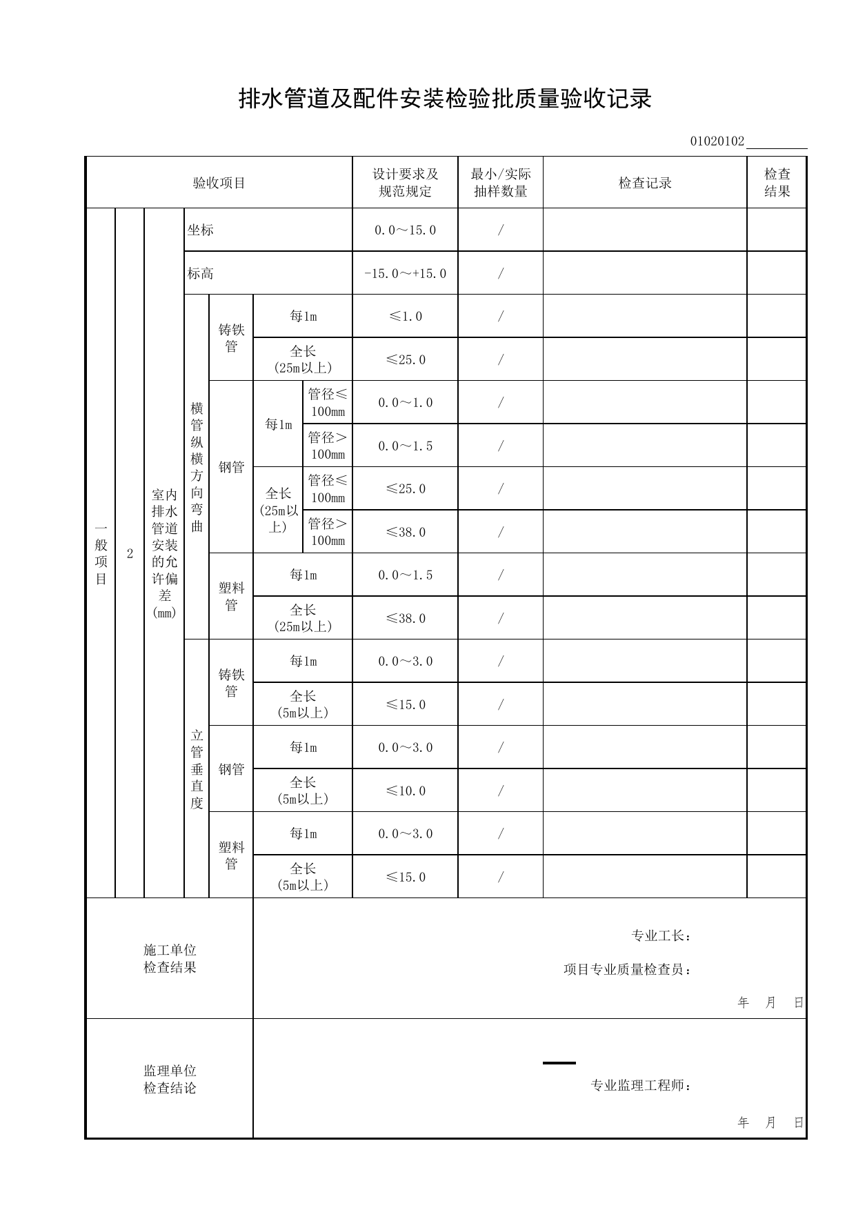 01020102_排水管道及配件安装检验批质量验收记录_0102_室内排水系统_01建筑给水排水及供暖工程_检验批表格_装配式建筑设备与电气工程施工质量及验收规程 DB11_T1709-2019 第 2 页