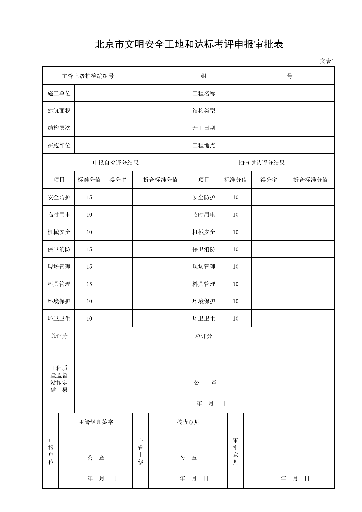 北京市文明安全工地和达标考评申报审批表_文表1_文明施工_北京市建设工程施工现场安全资料管理规程DB11-383-2006 第 1 页