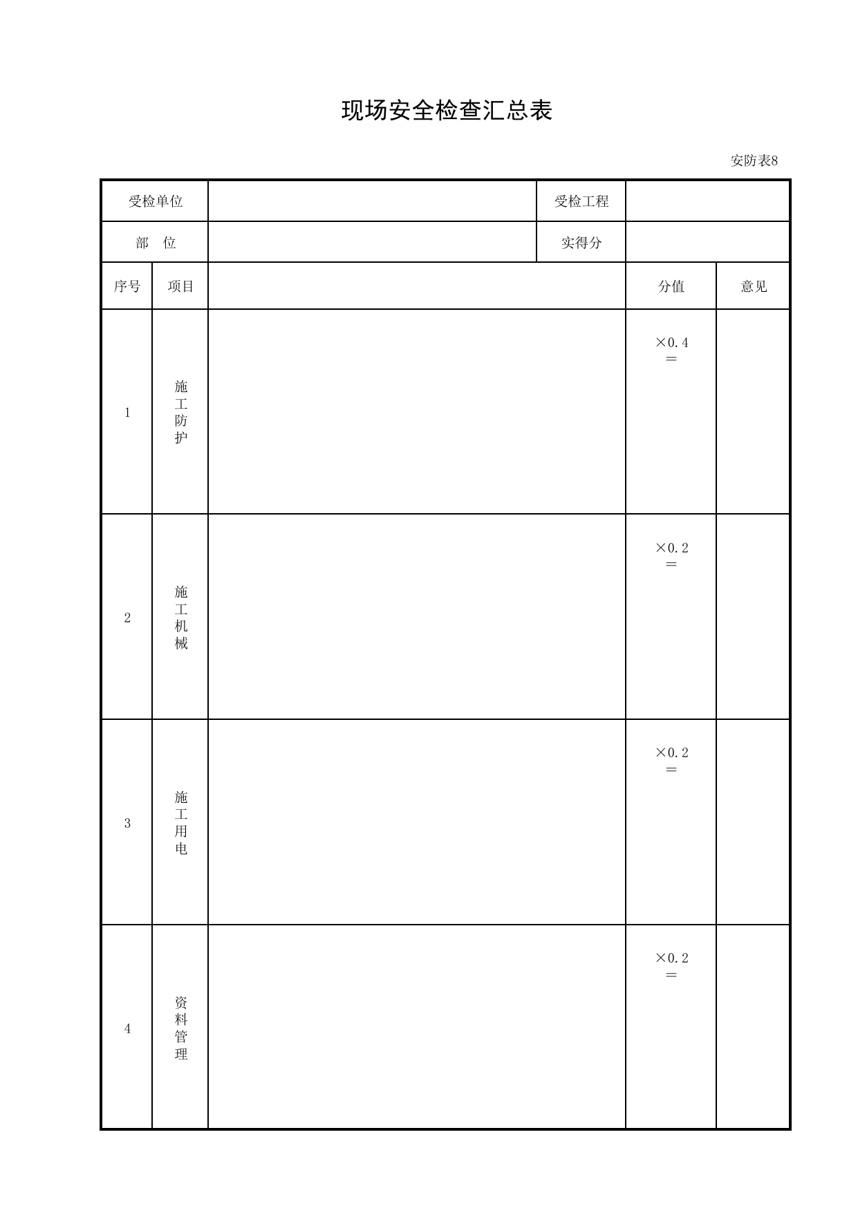 现场安全检查汇总表_安防表8_施工现场安全防护_北京市建设工程施工现场安全资料管理规程DB11-383-2006 第 1 页
