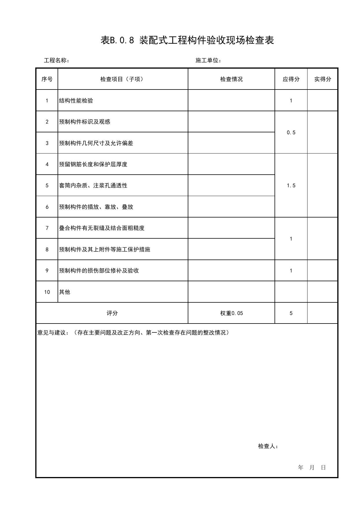 表B.0.8 装配式工程构件验收现场检查表_附录B 建筑结构工程质量评价装配式结构工程现场检查表_北京市建筑(长城)结构优质工程质量评价标准 T_BCQMS01-2024_北京优质工程表格 第 1 页