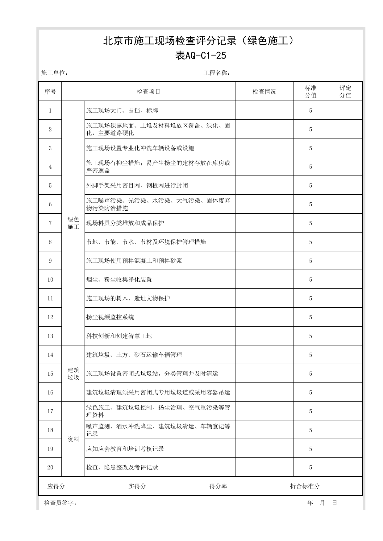表AQ-C1-25 北京市施工现场检查评分记录(绿色施工)_AQ-C1 工程项目安全管理资料_AQ-C类 施工单位施工现场安全资料_北京市建筑工程施工现场安全资料管理规程(DB11/T383-2023) 第 1 页