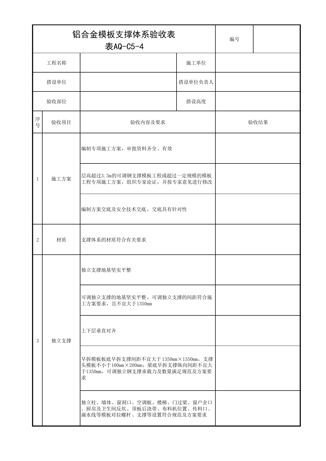 表AQ-C5-4 铝合金模板支撑体系验收表_AQ-C5 工程项目模板及装配式工程资料_AQ-C类 施工单位施工现场安全资料_北京市建筑工程施工现场安全资料管理规程(DB11/T383-2023) 第 1 页