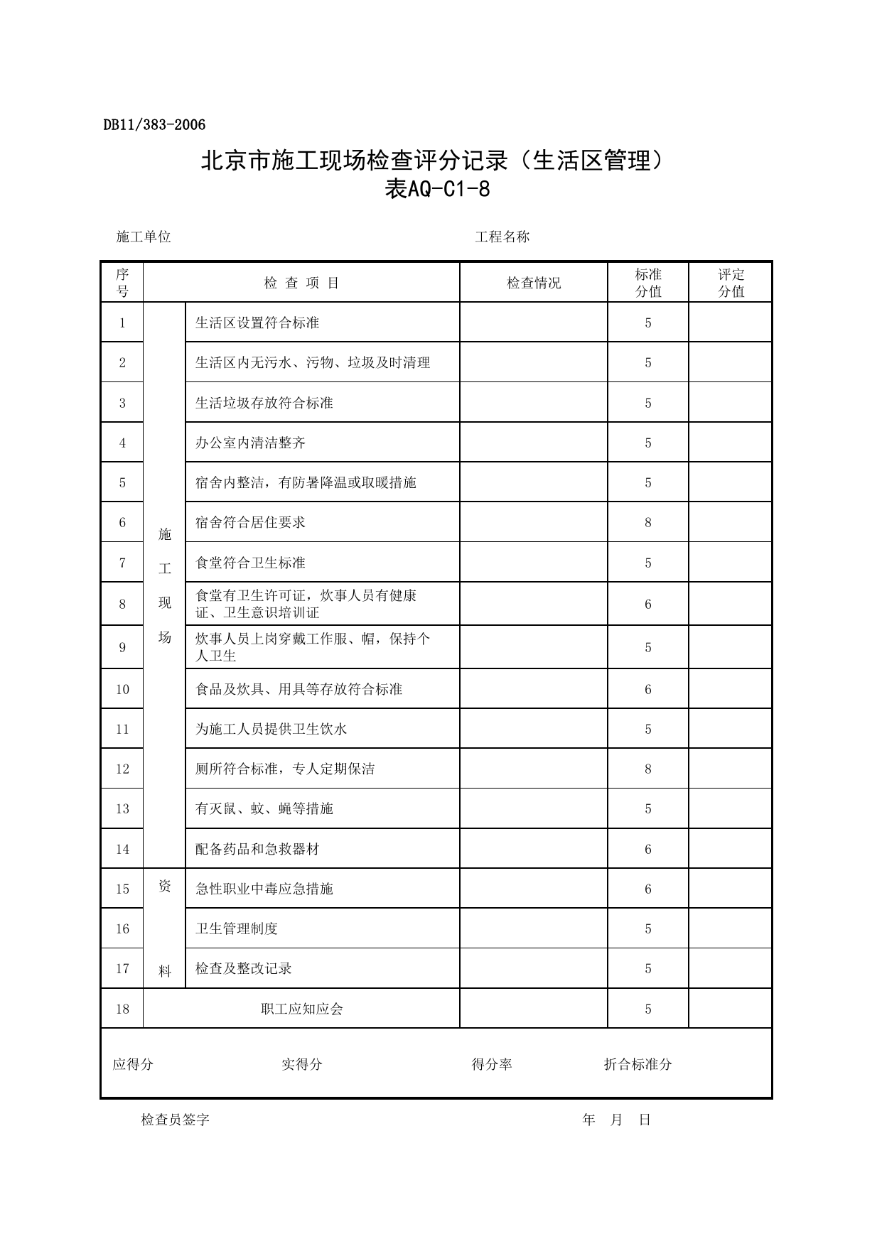 表AQ-C1-8 北京市施工管理检查评分记录(生活区管理)_AQ-C1 工程项目安全管理资料_AQ-C类 施工单位施工现场安全资料_建设工程施工现场安全资料管理规程(DB11_383-2006) 第 1 页