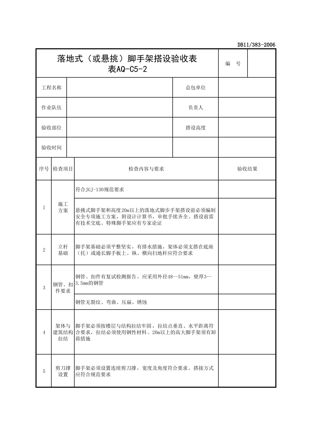 表AQ-C5-2 落地式(或悬挑)脚手架搭设验收表_AQ-C5 工程项目脚手架资料_AQ-C类 施工单位施工现场安全资料_建设工程施工现场安全资料管理规程(DB11_383-2006) 第 1 页