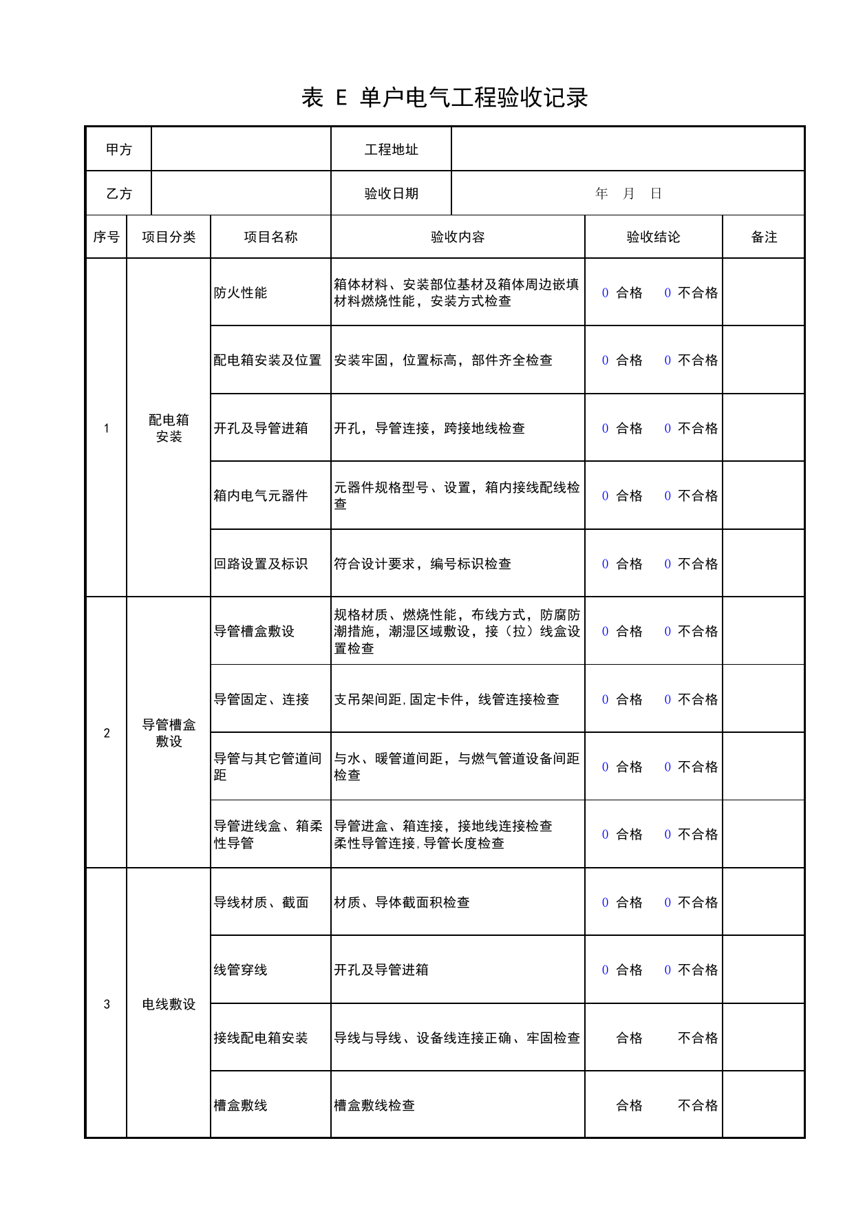 表E 单户电气工程验收记录_单户质量验收_居住建筑装饰装修工程质量验收标准 DB11_T1076-2023_北京市建筑工程资料管理规程 DB11∕T695-2025 第 1 页