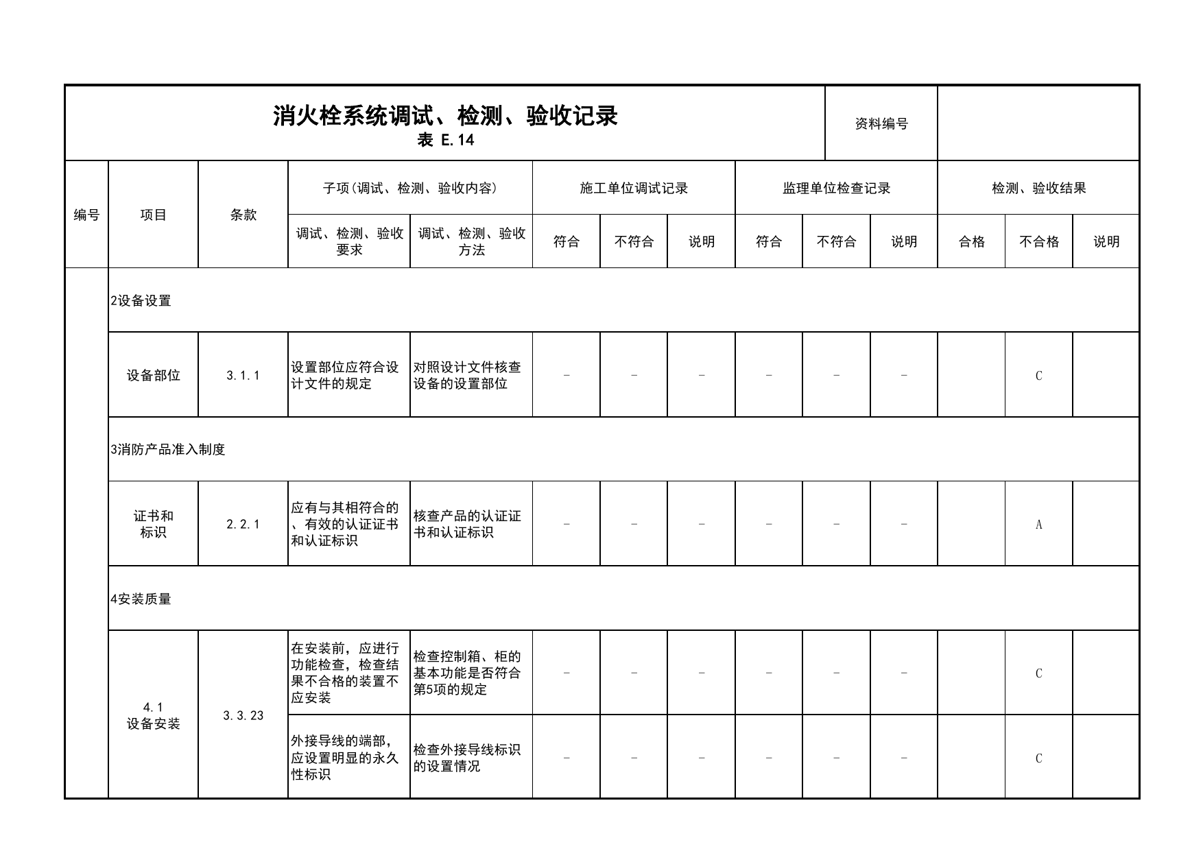 消火栓系统调试、检测、验收记录(续表1)_03火灾自动报警系统_05消防电气和火灾自动报警系统_消防工程施工质量查验资料_北京市建筑工程资料管理规程 DB11∕T695-2025 第 1 页