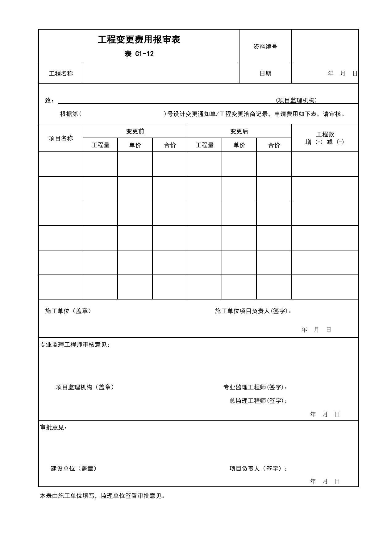C1-12 工程变更费用报审表_监理审批、验收用表_附录B 监理工作用表_建设工程监理规程 DB11_T 382-2017_北京市建筑工程施工现场安全资料管理规程(DB11-383-2017) 第 1 页