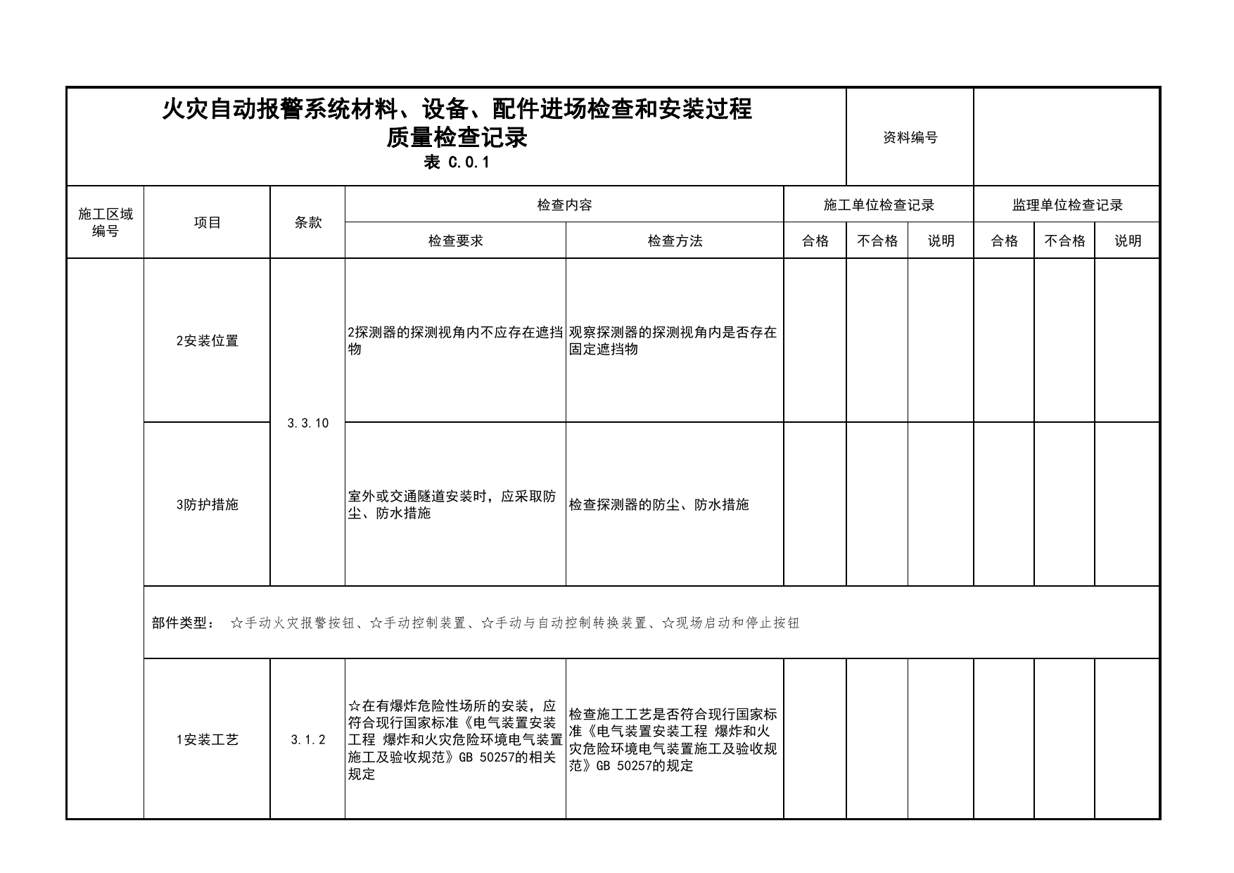 火灾自动报警系统材料、设备、配件进场检查和安装过程质量检查记录(续表24)_01消防电源及配电分项_05消防电气和火灾自动报警系统_消防工程施工质量查验资料 第 1 页