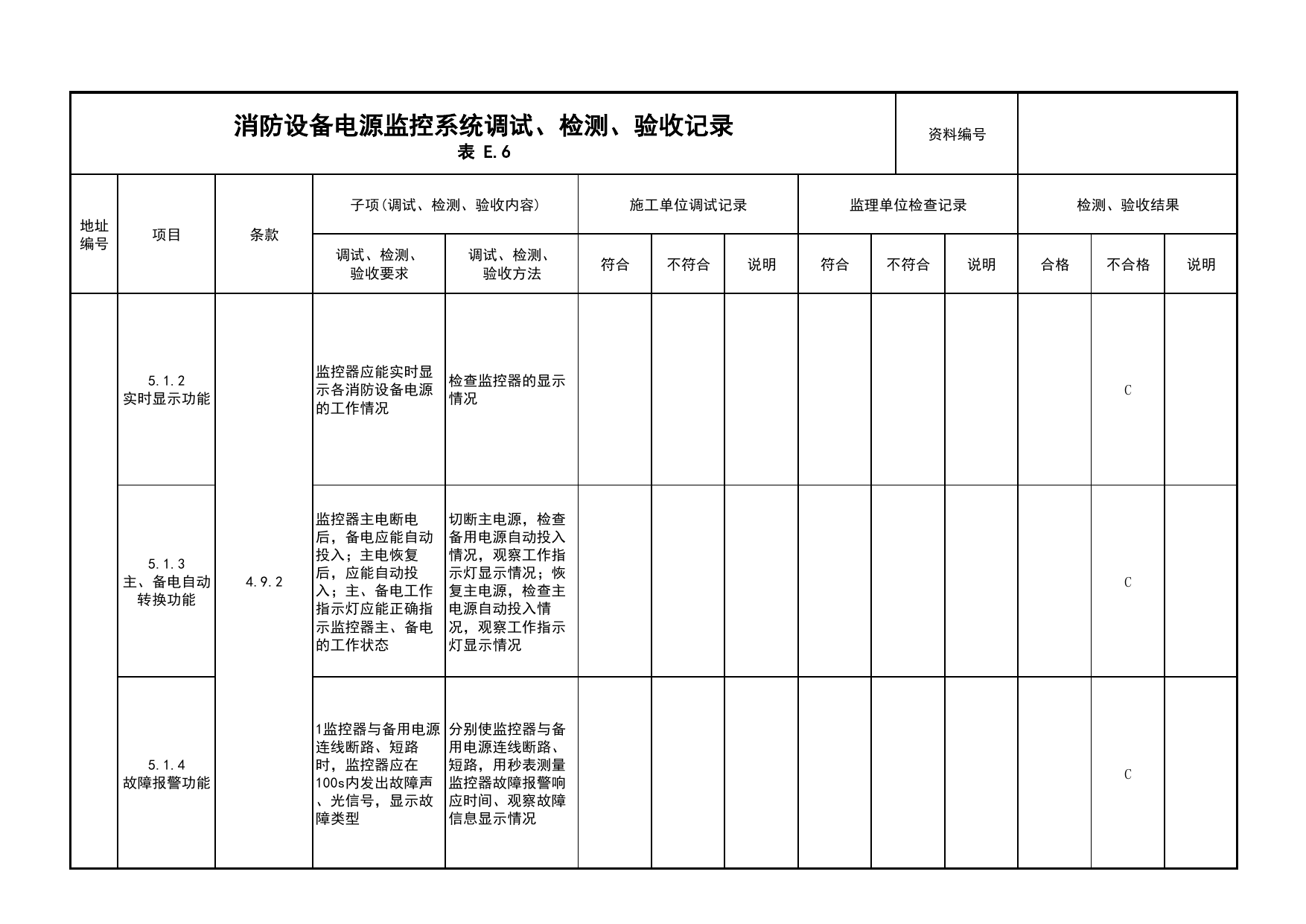 消防设备电源监控系统调试、检测、验收记录(续表5)_05消防设备电源监控系统_05消防电气和火灾自动报警系统_消防工程施工质量查验资料_北京市建筑工程资料管理规程 DB11∕T695-2025 第 1 页