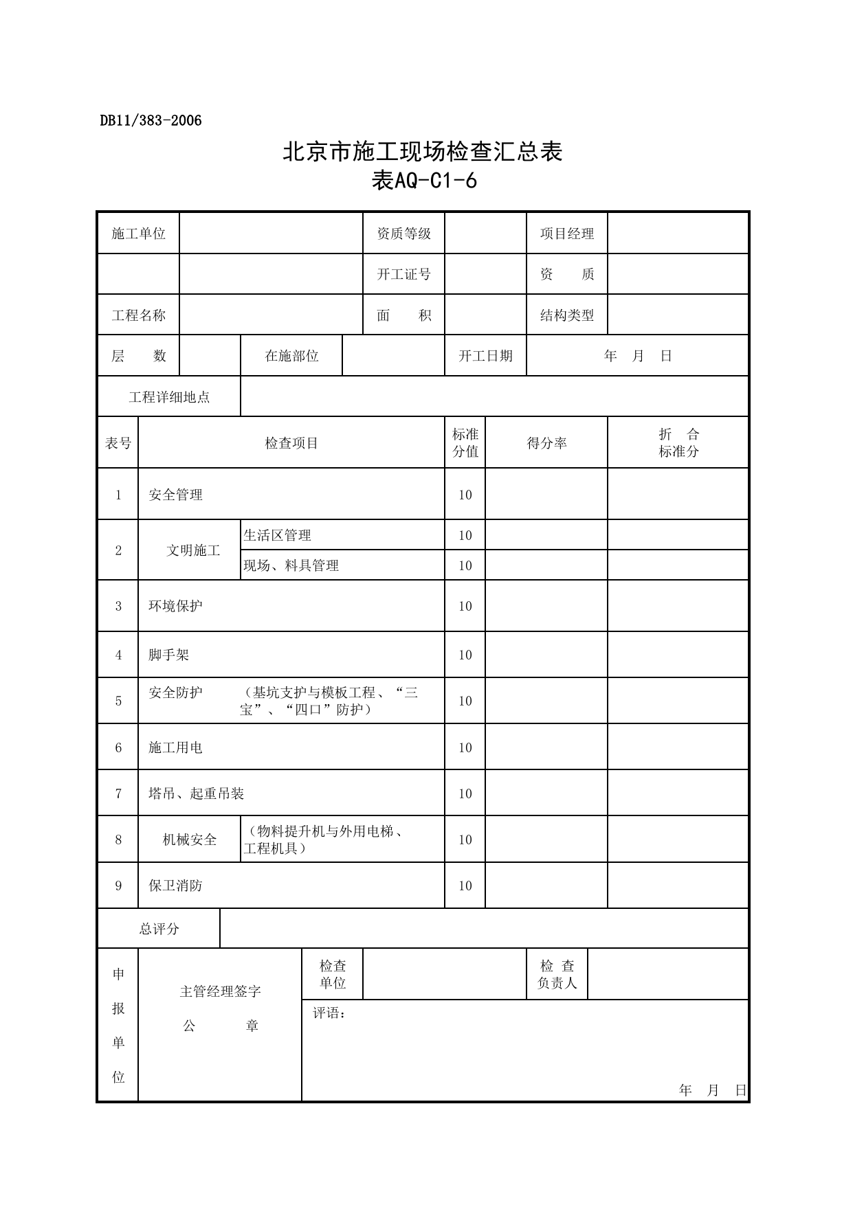 表AQ-C1-6 北京市施工现场检查汇总表_AQ-C1 工程项目安全管理资料_AQ-C类 施工单位施工现场安全资料_建设工程施工现场安全资料管理规程(DB11_383-2006) 第 1 页