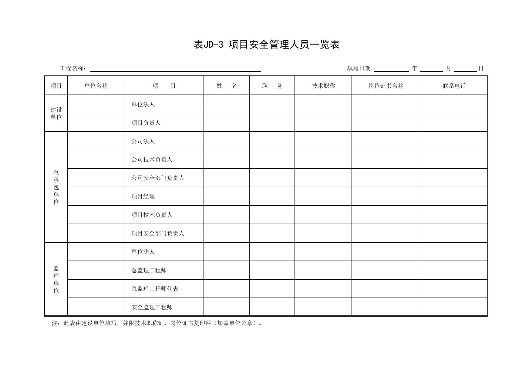 表JD-3 项目安全管理人员一览表_北京市建设工程施工安全监督用表_北京市建设工程施工现场安全资料管理规程DB11-383-2006 第 1 页