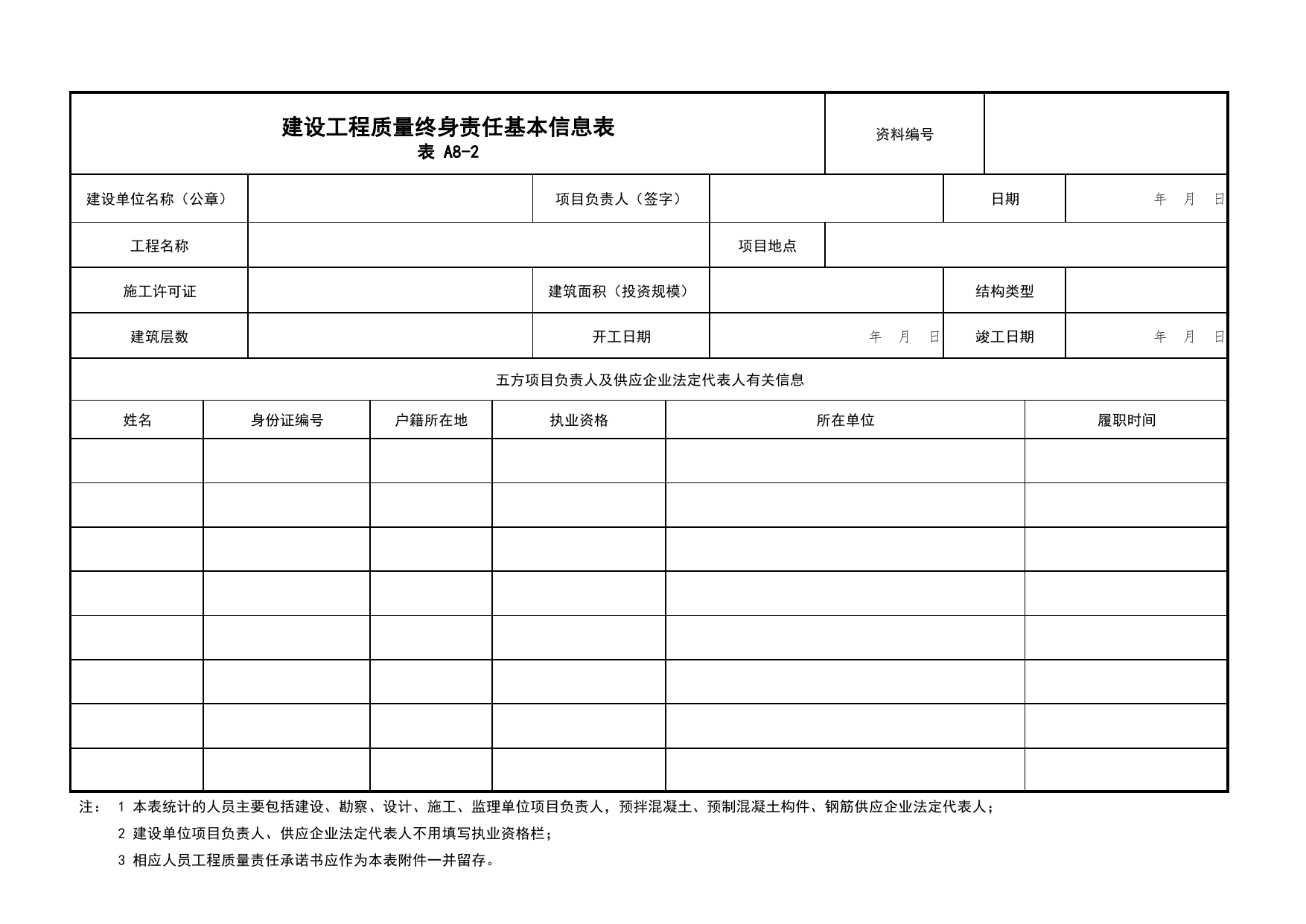 表A8-2 建设工程质量终身责任基本信息表_A8 其他文件_A类 基建文件_北京市建筑工程资料管理规程 DB11∕T695-2025 第 1 页