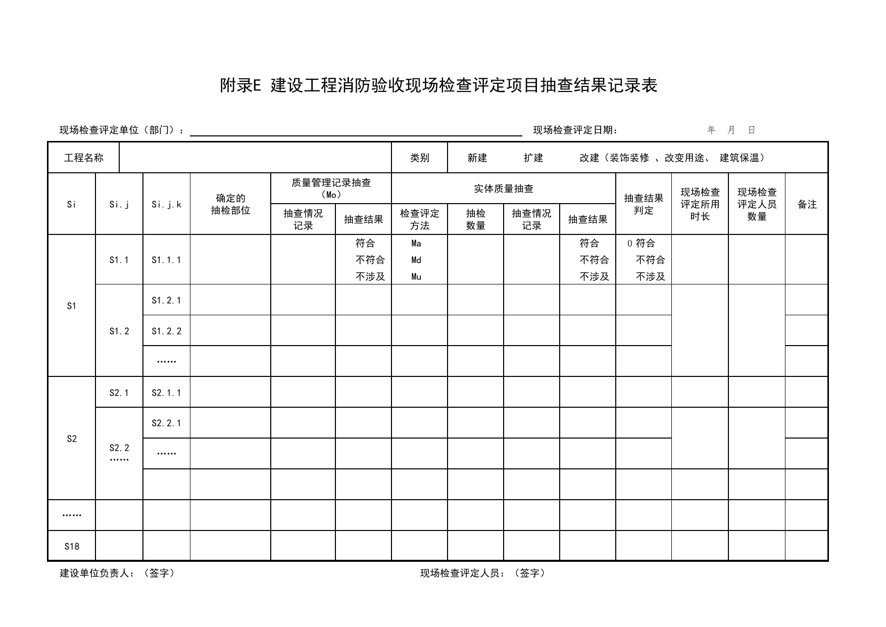 附录E 建设工程消防验收现场检查评定项目抽查结果记录表_建设工程消防验收现场检查评定规程 DB11_T2155-2023_北京市建筑工程资料管理规程 DB11∕T695-2025 第 1 页