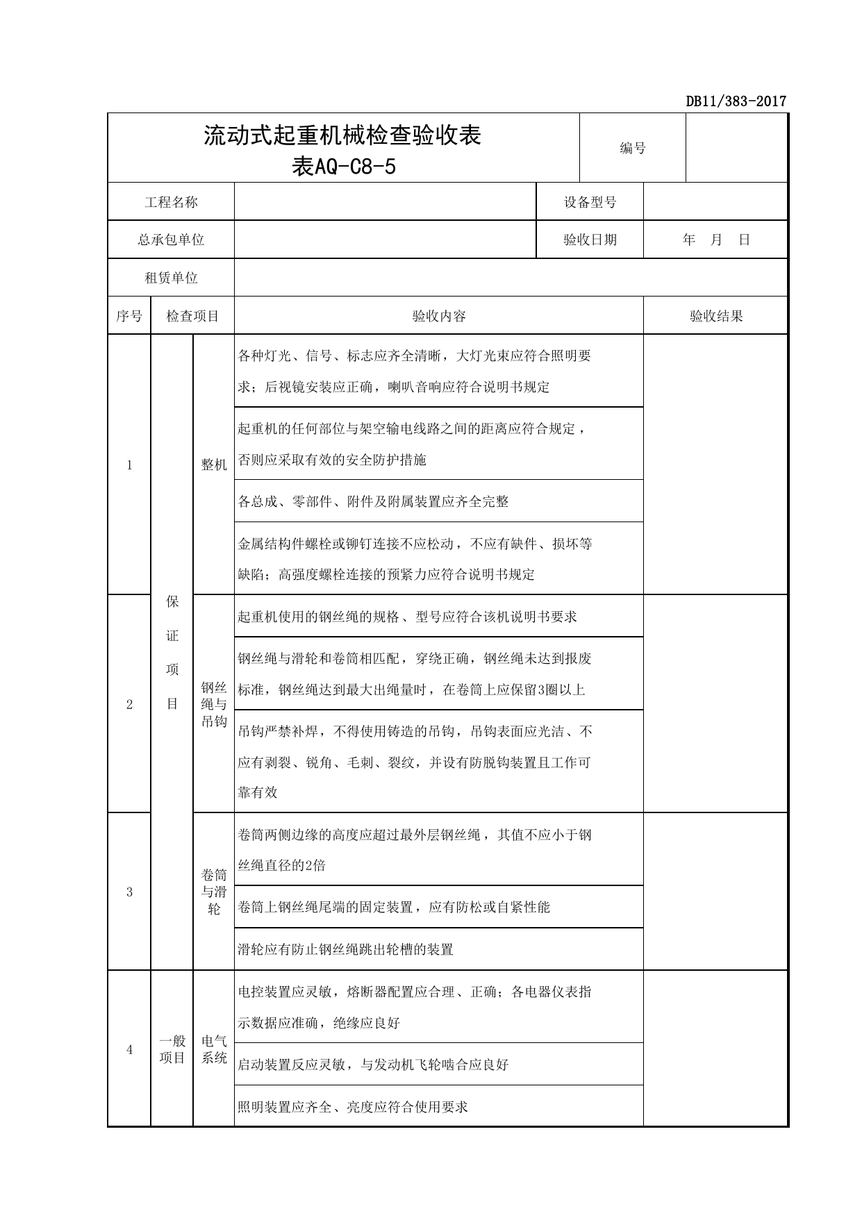 表AQ-C8-5 流动式起重机械检查验收表_AQ-C8 工程项目塔式起重机、起重吊装资料_AQ-C类 施工单位施工现场安全资料_北京市建设工程施工现场安全资料管理规程(DB11_383-2017) 第 1 页