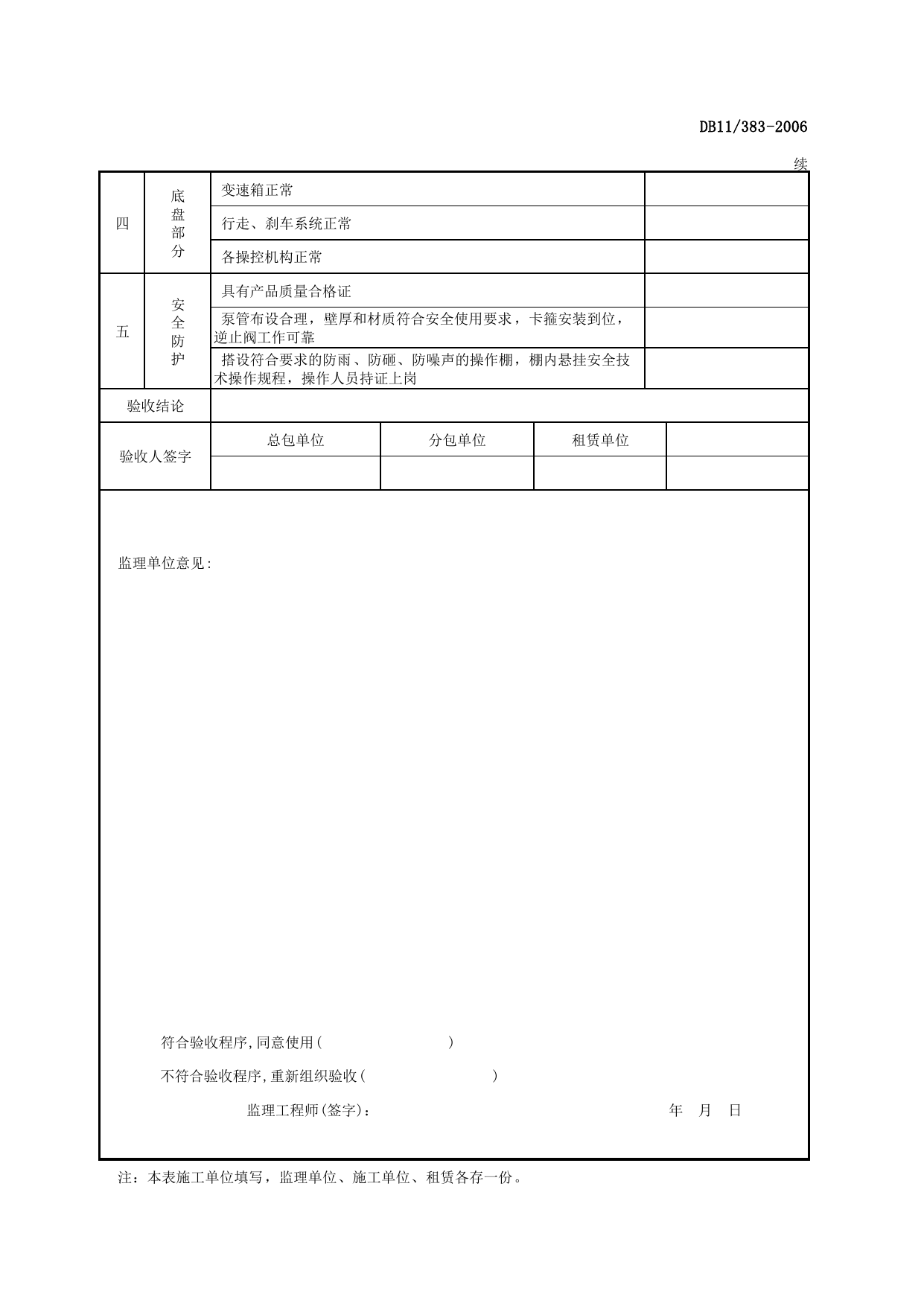 表AQ-C9-11 施工机械检查验收表(混凝土泵)_AQ-C9 工程项目机械安全资料_AQ-C类 施工单位施工现场安全资料_建设工程施工现场安全资料管理规程(DB11_383-2006) 第 2 页