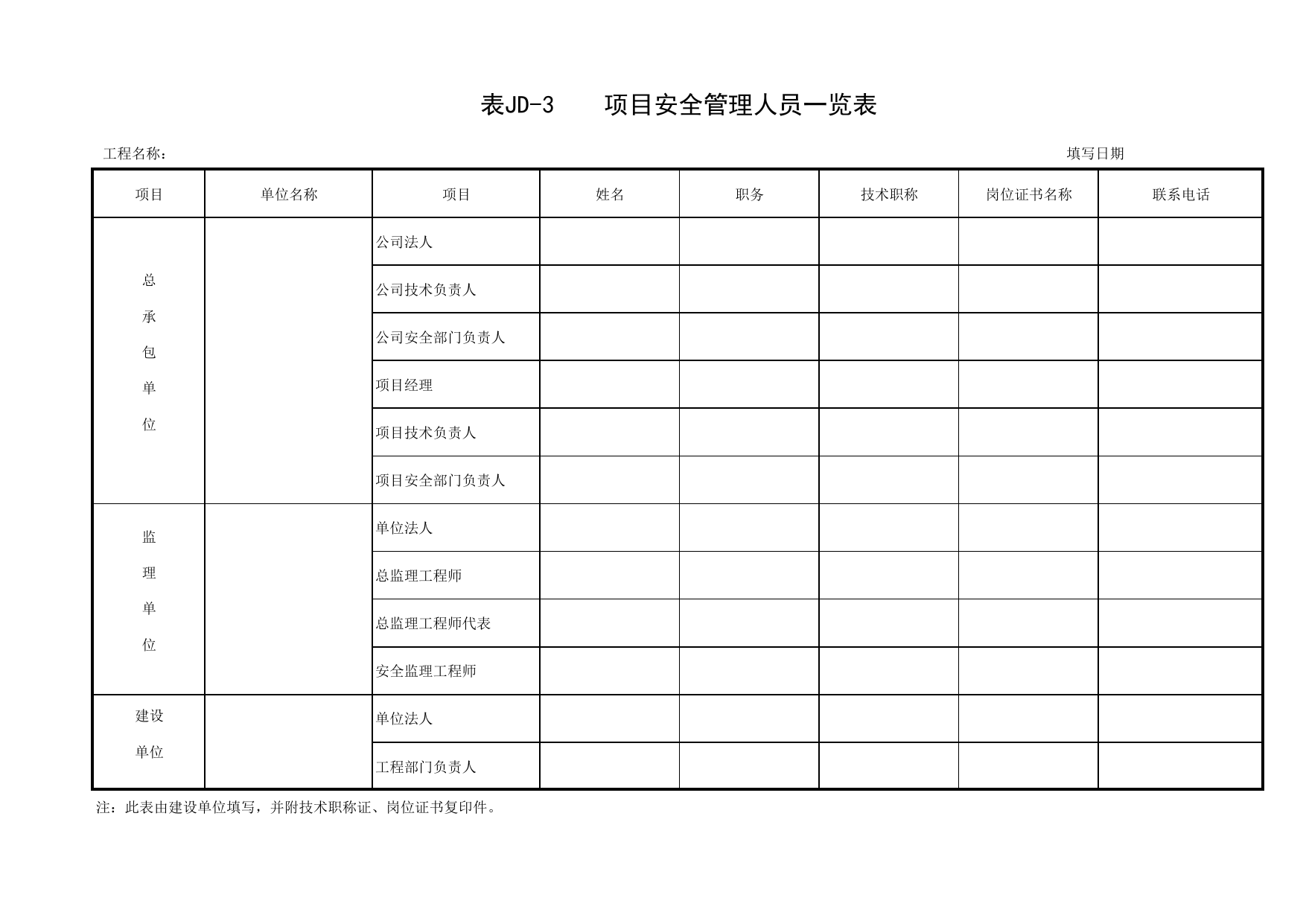 表JD-3 项目安全管理人员一览表_附件2 北京市建设工程施工安全监督用表_北京市建设工程现场施工安全监督(2009)_北京市建设工程施工现场安全资料管理规程DB11-383-2006 第 1 页