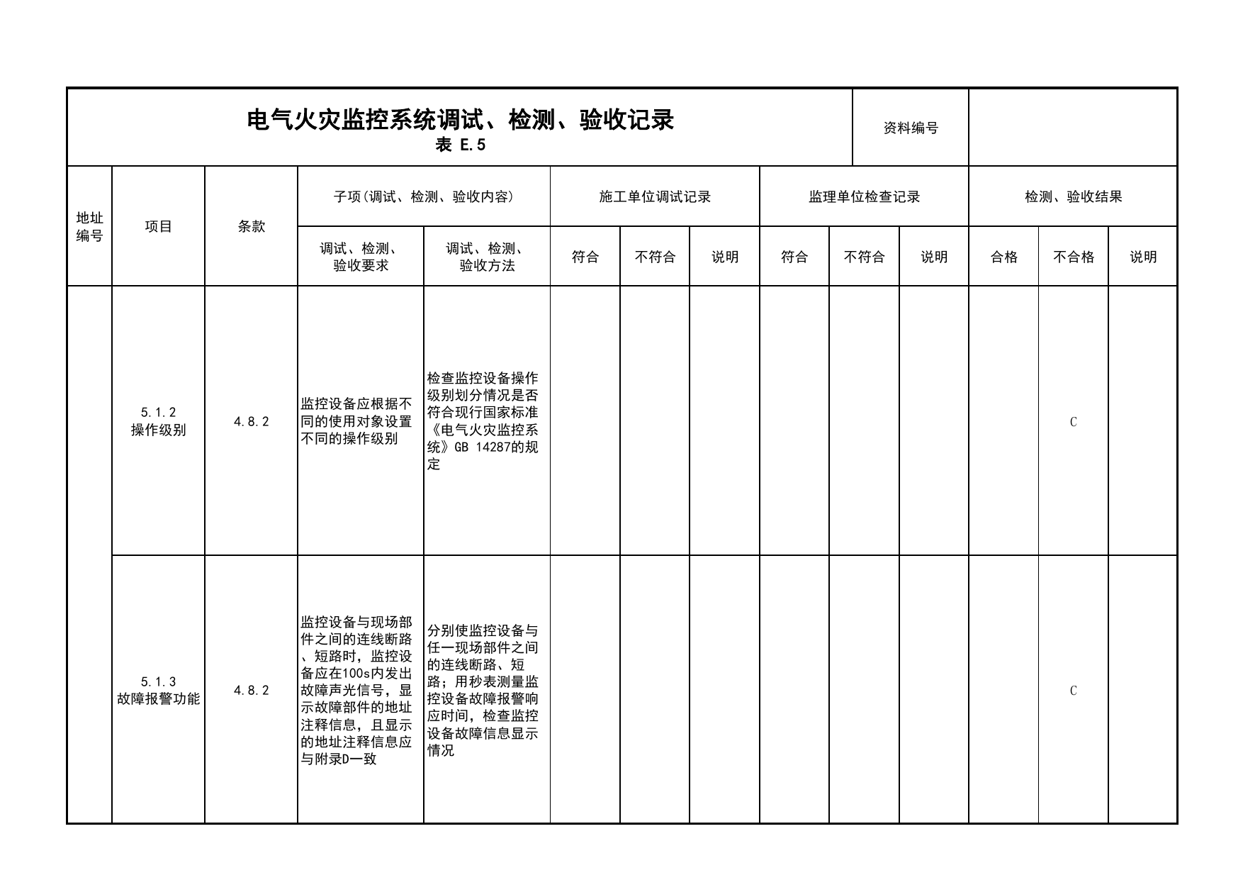 电气火灾监控系统调试、检测、验收记录(续表5)_04电气火灾监控系统_05消防电气和火灾自动报警系统_消防工程施工质量查验资料_北京市建筑工程资料管理规程 DB11∕T695-2025 第 1 页