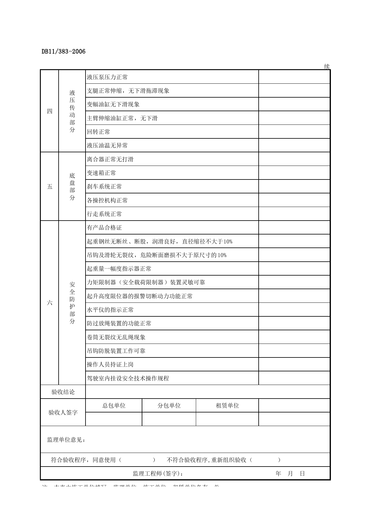 表AQ-C9-7 施工机械检查验收表(汽车吊)_AQ-C9 工程项目机械安全资料_AQ-C类 施工单位施工现场安全资料_建设工程施工现场安全资料管理规程(DB11_383-2006) 第 2 页
