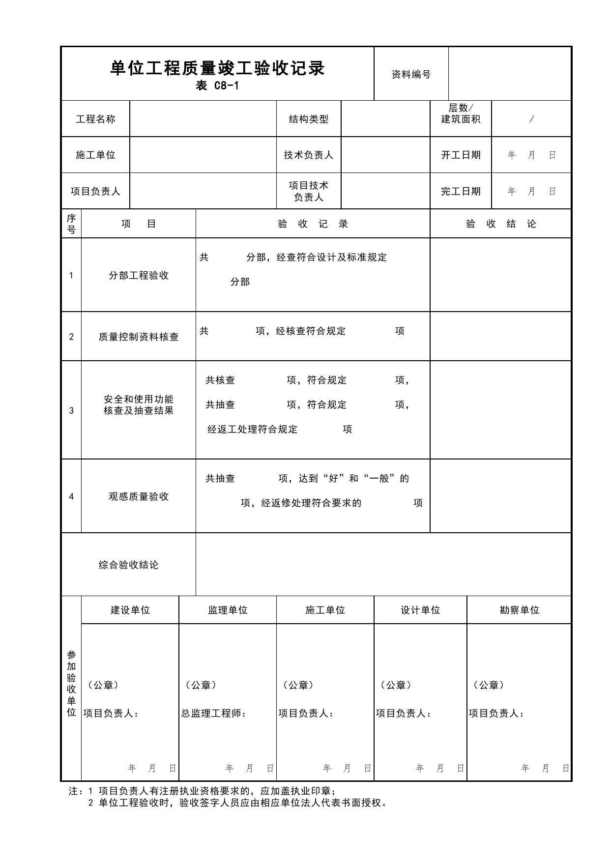 表C8-1 单位工程质量竣工验收记录_C8 工程竣工质量验收资料_C类 施工资料_北京市建筑工程资料管理规程 DB11∕T695-2025 第 1 页