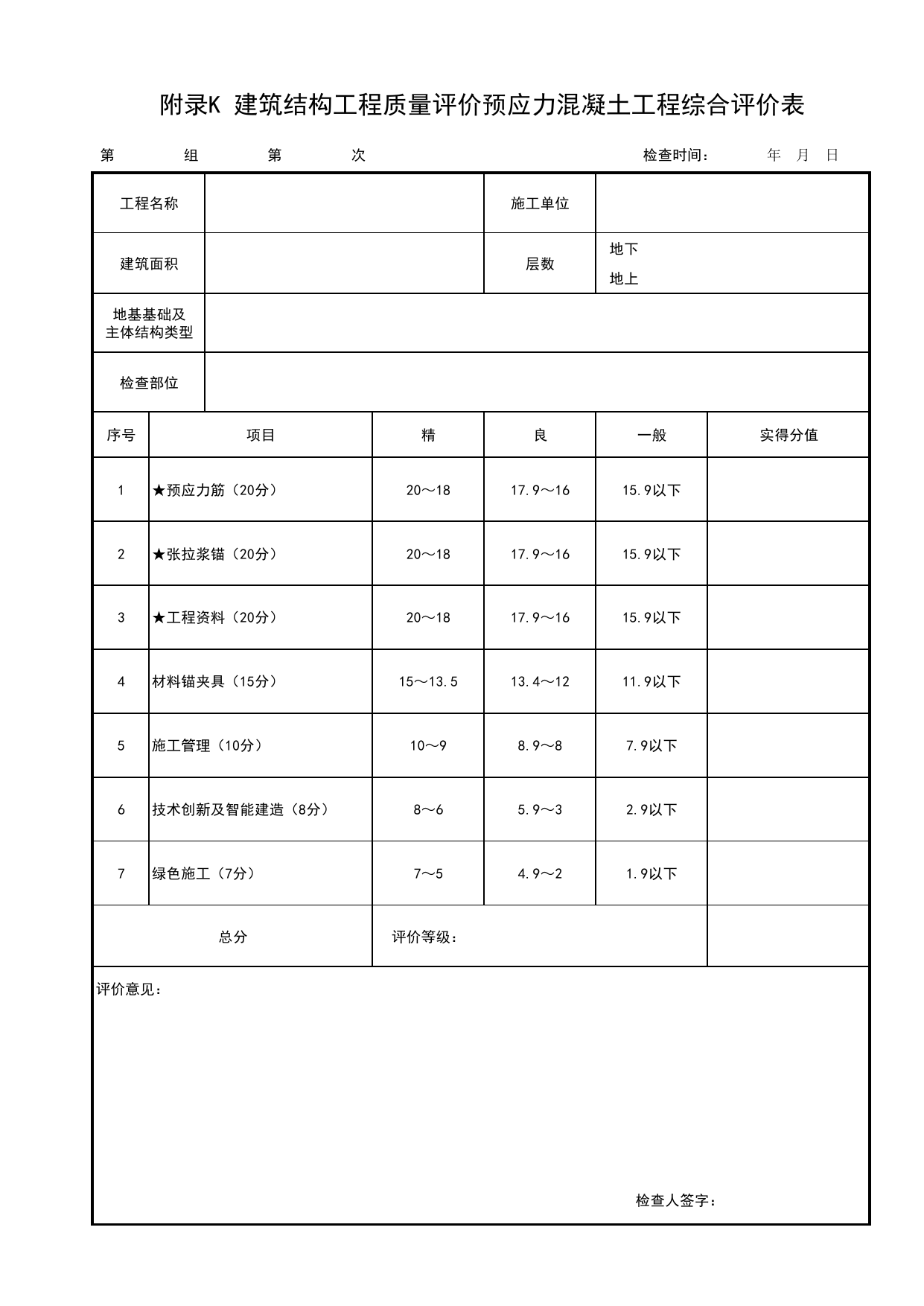 附录K 建筑结构工程质量评价预应力混凝土工程综合评价表_北京市建筑(长城)结构优质工程质量评价标准 T_BCQMS01-2024_北京优质工程表格_北京市建筑工程资料管理规程 DB11∕T695-2025 第 1 页
