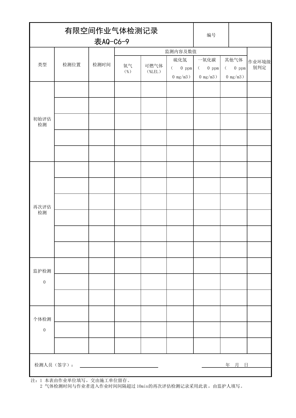 表AQ-C6-9 有限空间作业气体检测记录表_AQ-C6 工程项目安全防护资料_AQ-C类 施工单位施工现场安全资料_北京市建筑工程施工现场安全资料管理规程(DB11/T383-2023) 第 1 页