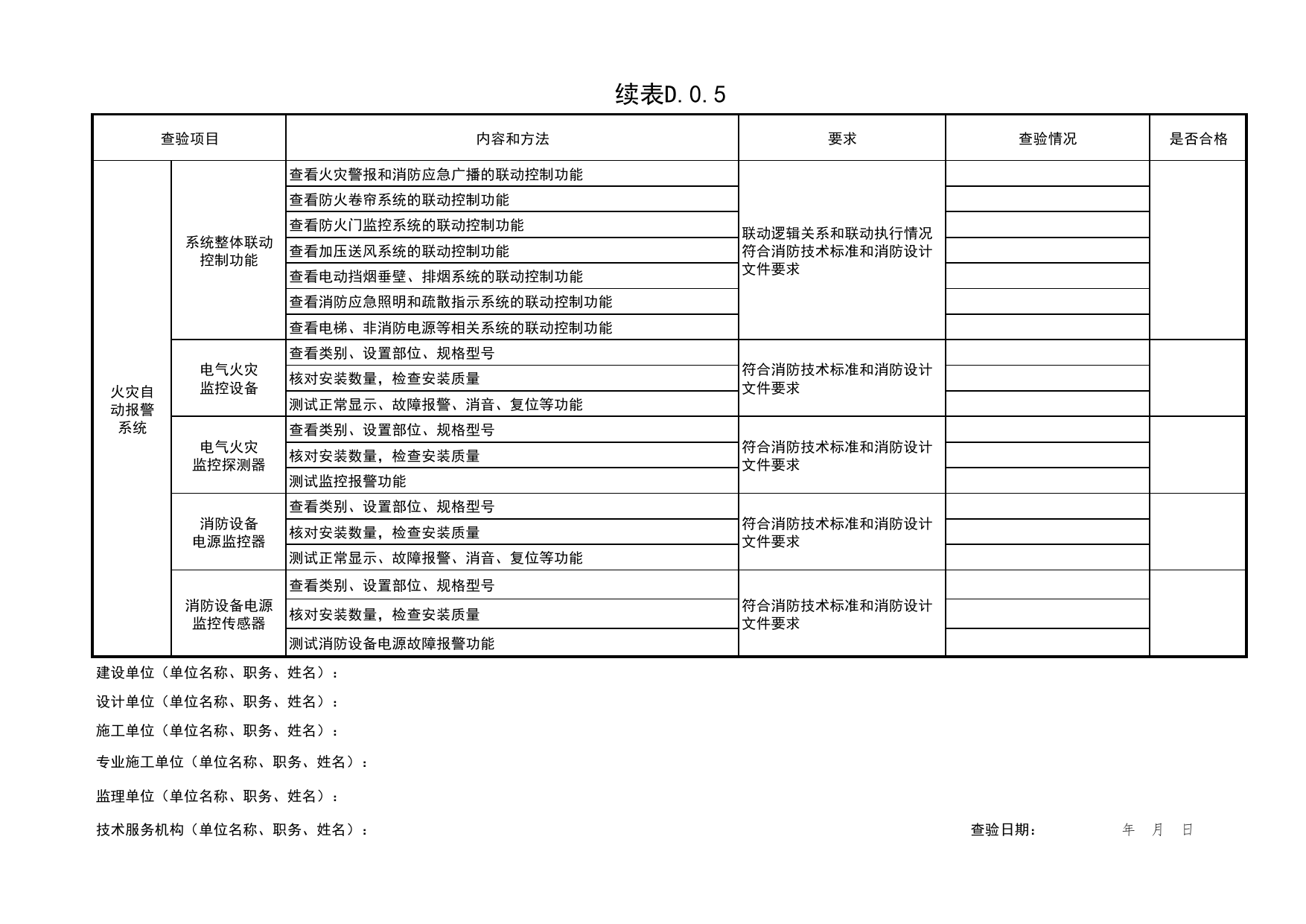 表D.0.5 消防电气和火灾自动报警系统查验记录_附录D建筑工程消防施工质量查验记录_《建筑工程消防施工质量验收规范》DB11_T2000-2022_北京市建筑工程资料管理规程 DB11∕T695-2025 第 5 页