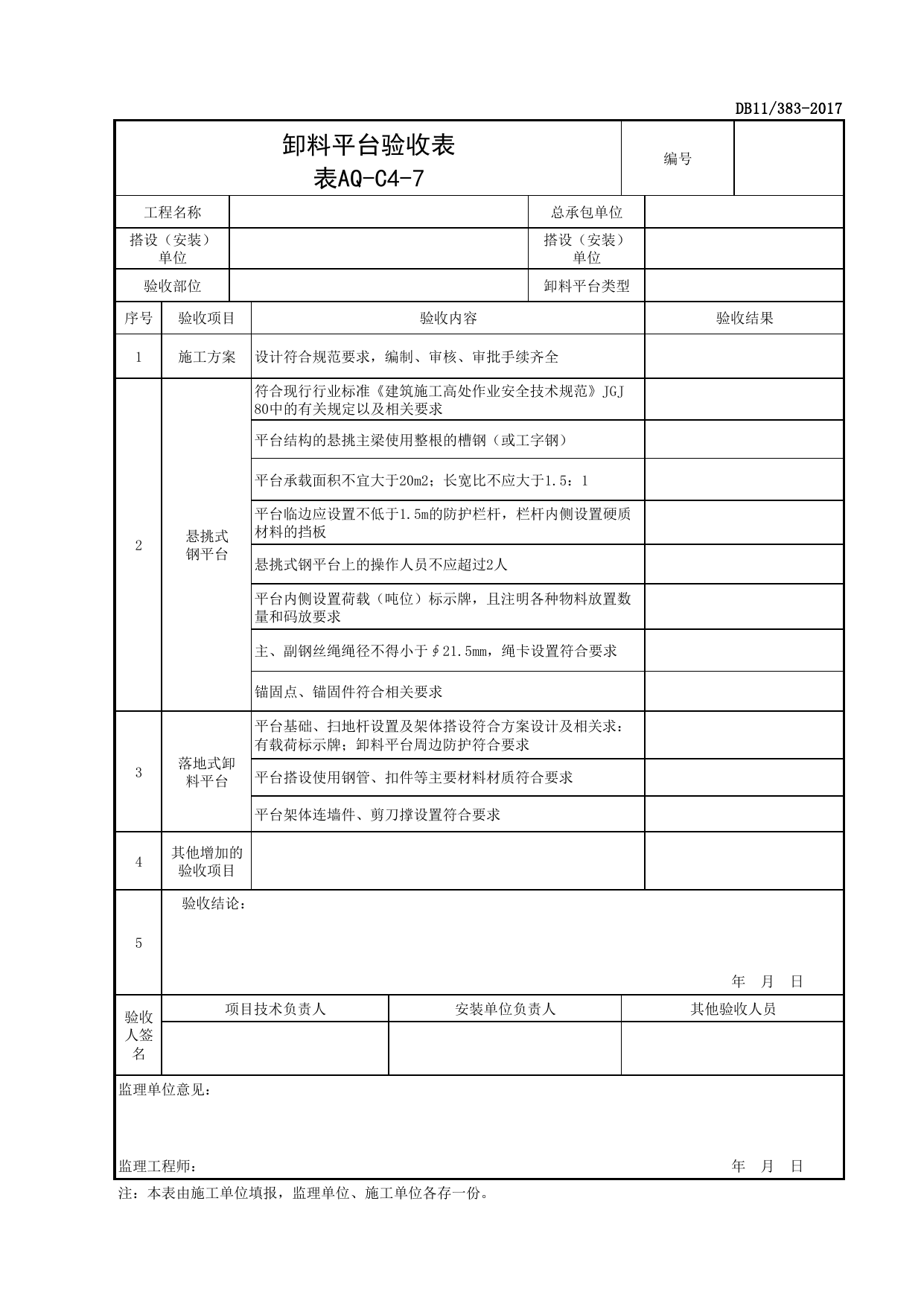 表AQ-C4-7 卸料平台验收表_AQ-C4 工程项目脚手架资料_AQ-C类 施工单位施工现场安全资料_北京市建设工程施工现场安全资料管理规程(DB11_383-2017) 第 1 页