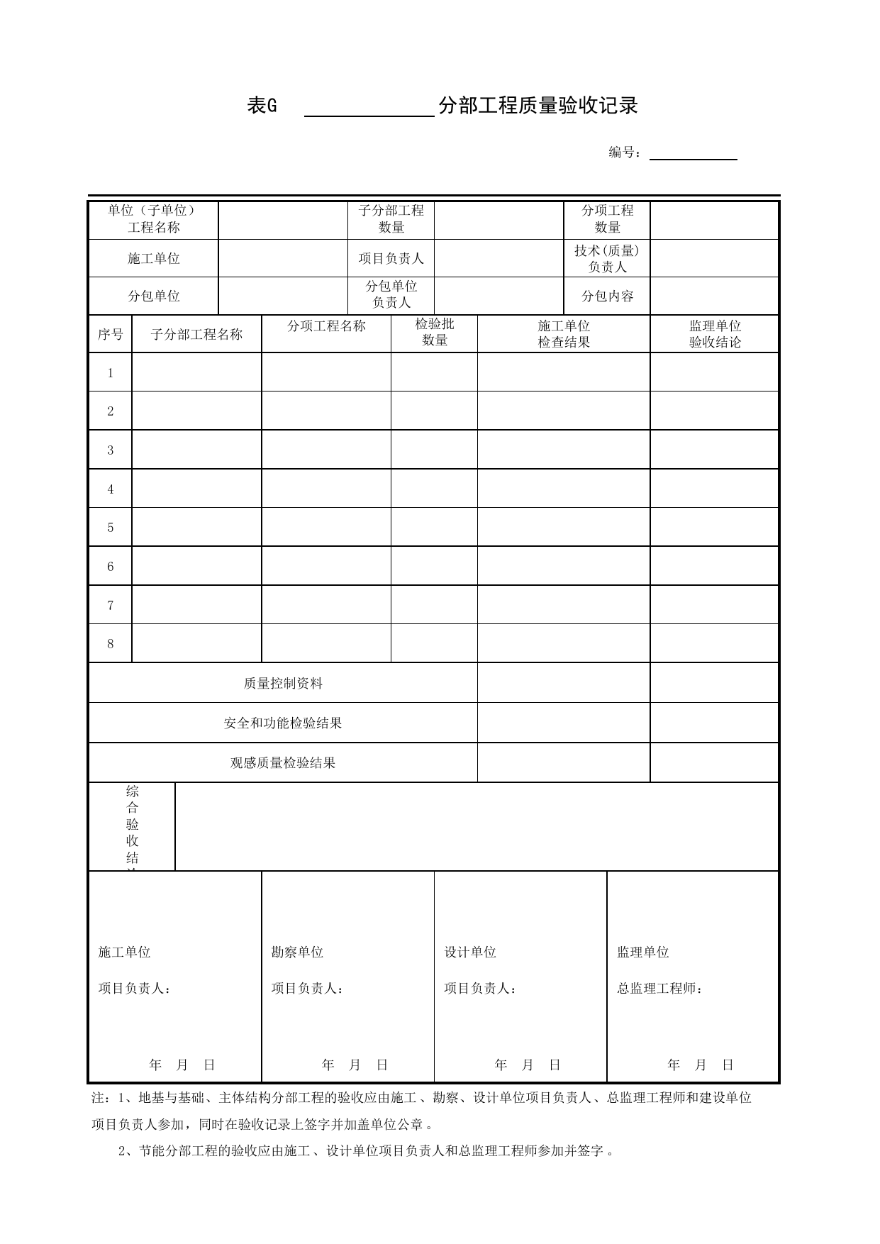 表G_分部工程质量验收记录_汇总用表_居住建筑装饰装修工程质量验收标准 DB11_T1076-2023_北京市建筑工程资料管理规程 DB11∕T695-2025 第 1 页