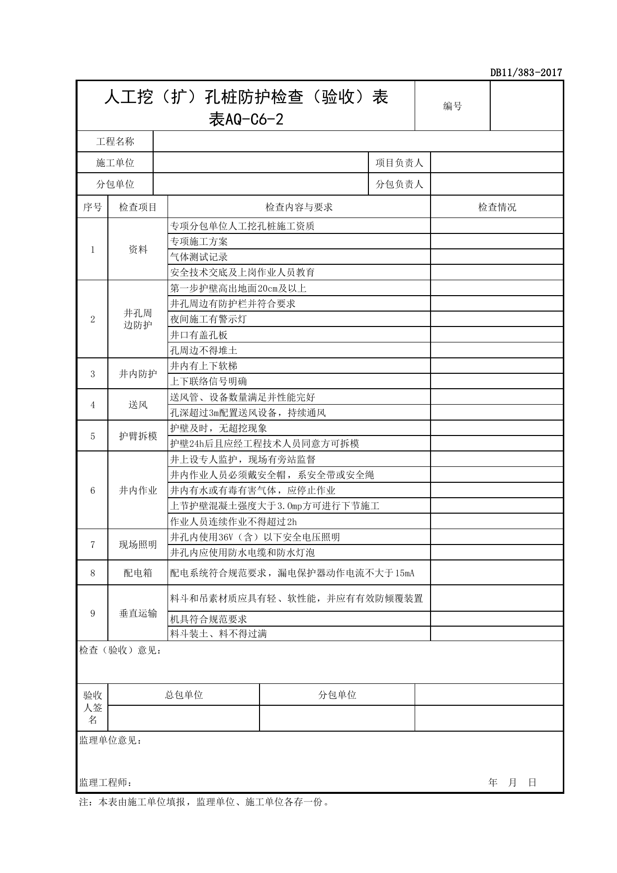表AQ-C6-2 人工挖(扩)孔桩防护检查(验收)表_AQ-C6 工程项目安全保护资料_AQ-C类 施工单位施工现场安全资料_北京市建设工程施工现场安全资料管理规程(DB11_383-2017) 第 1 页