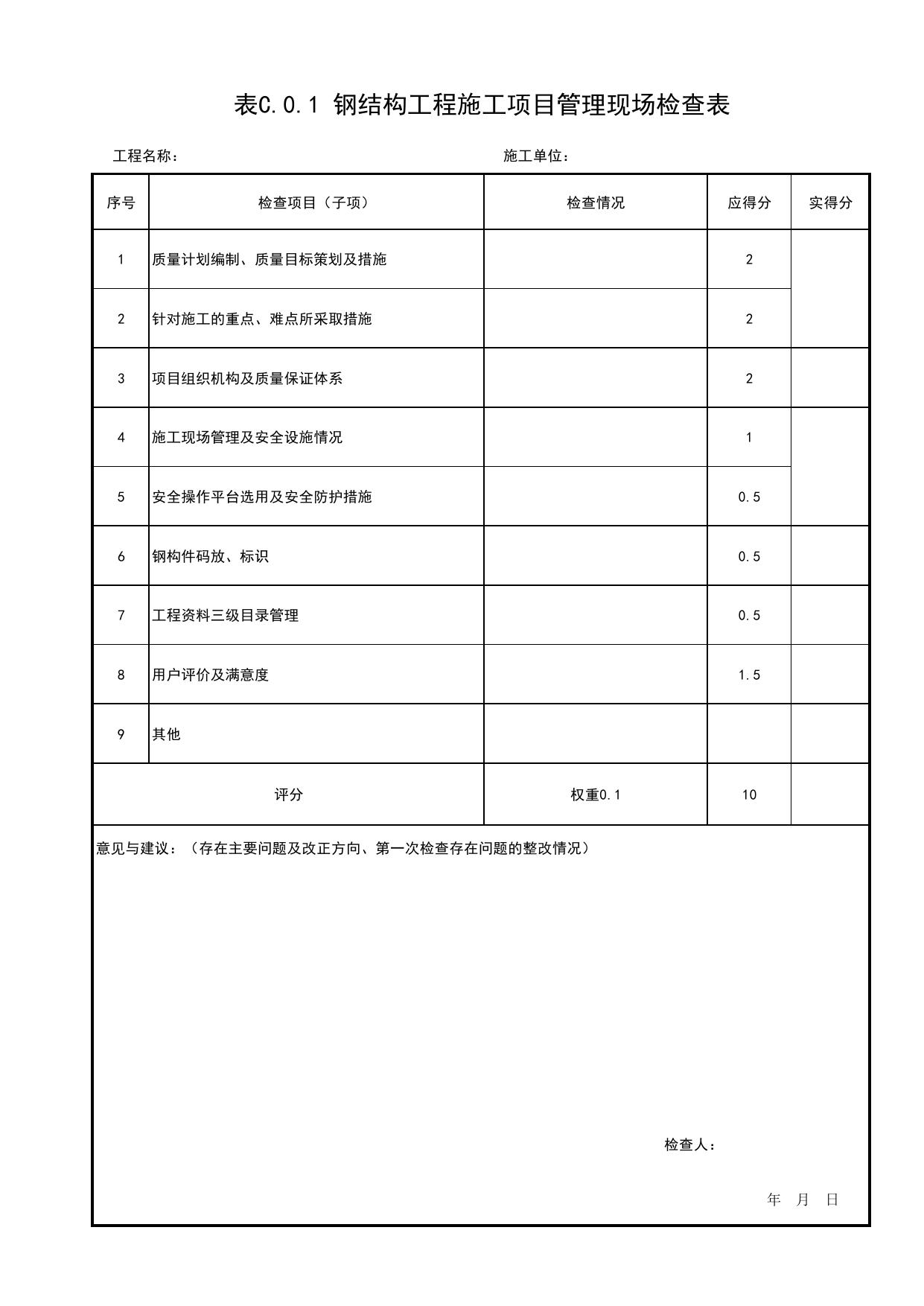 表C.0.1 钢结构工程施工项目管理现场检查表_附录C 建筑结构工程质量评价钢结构工程现场检查表_北京市建筑(长城)结构优质工程质量评价标准 T_BCQMS01-2024_北京优质工程表格 第 1 页