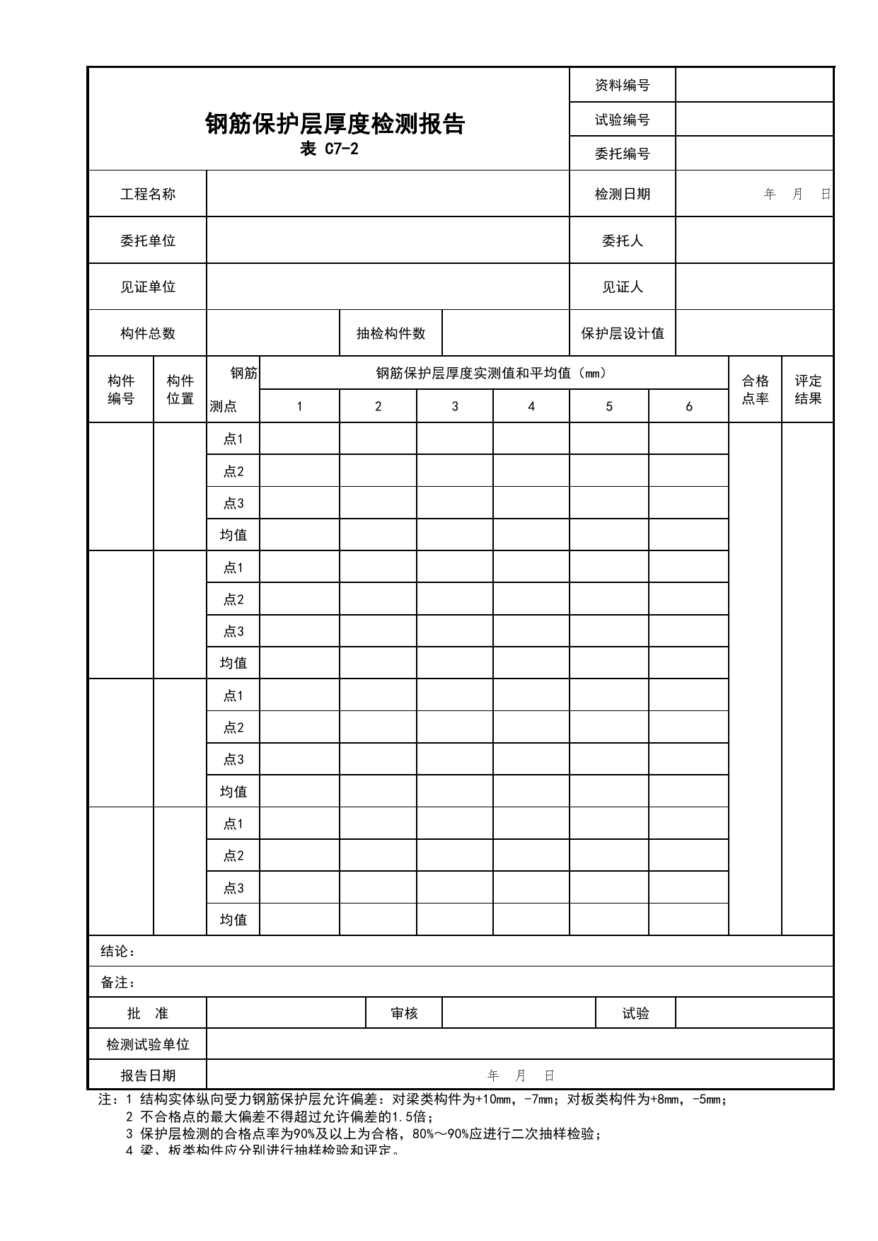 表C7-2 钢筋保护层厚度检测报告_C7 过程验收资料_C类 施工资料_北京市建筑工程资料管理规程 DB11∕T695-2025 第 1 页