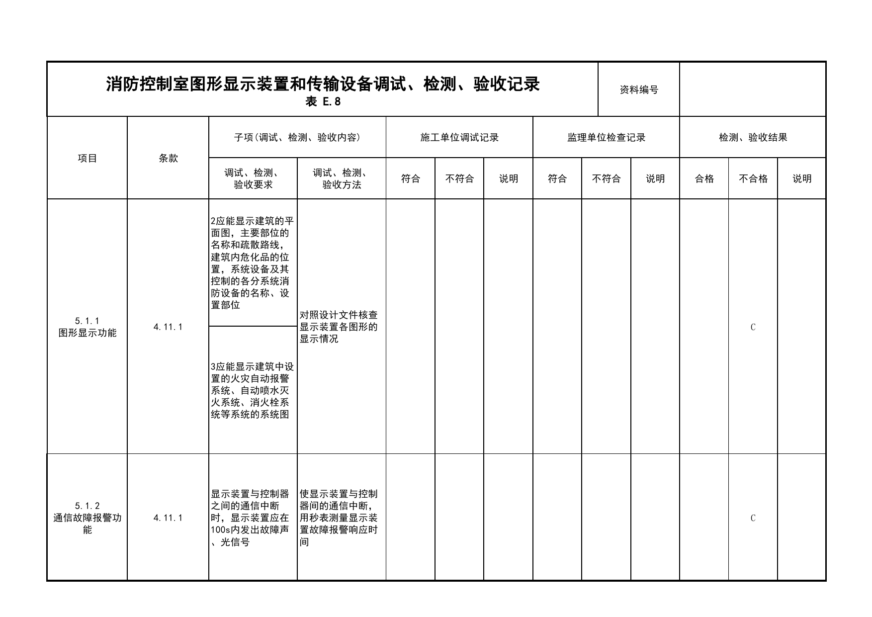 消防控制室图形显示装置和传输设备调试、检测、验收记录(续表5)_03火灾自动报警系统_05消防电气和火灾自动报警系统_消防工程施工质量查验资料 第 1 页