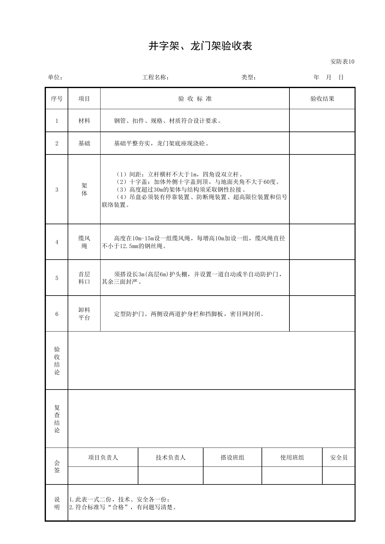 井字架、龙门架验收表_安防表10_施工现场安全防护_北京市建设工程施工现场安全资料管理规程DB11-383-2006 第 1 页