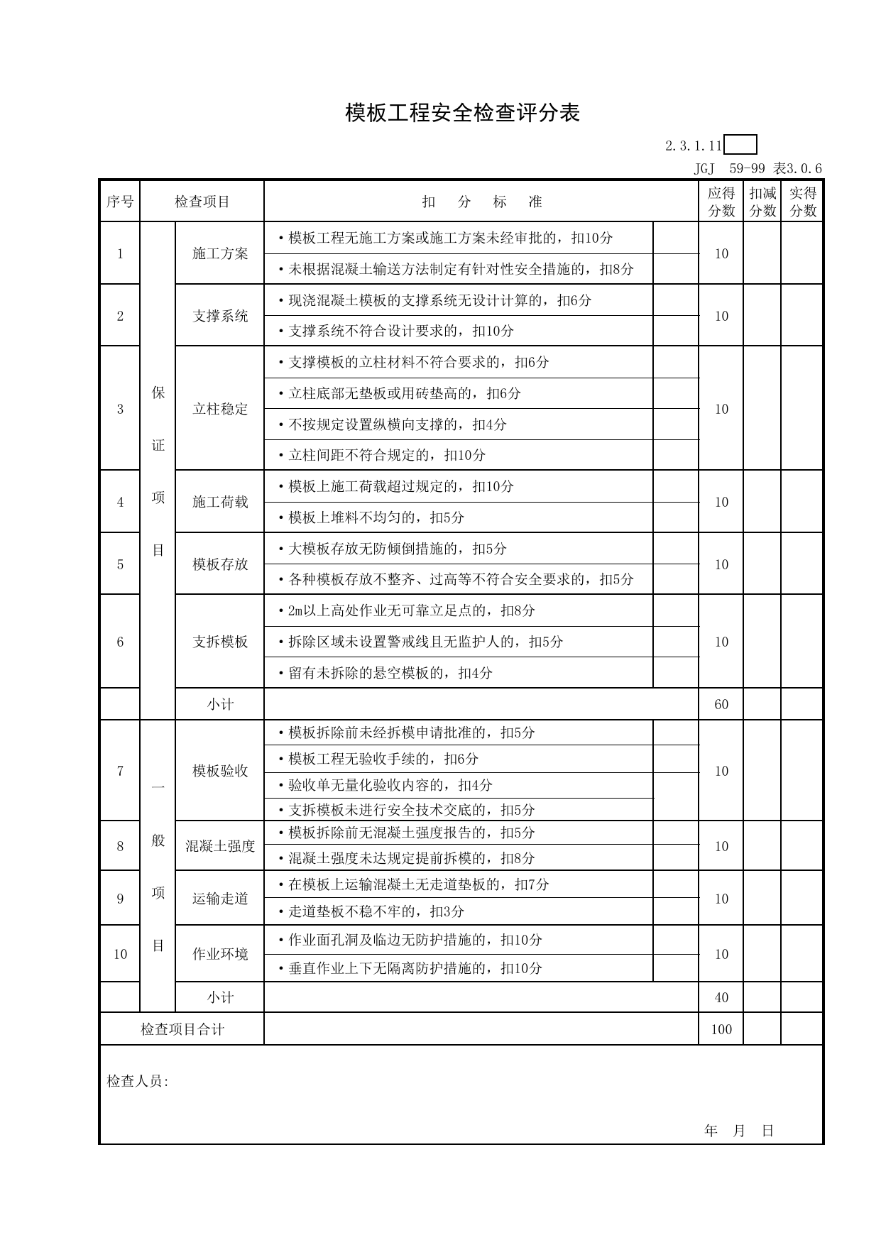 表格11 模板工程安全检查评分表_《建筑施工安全检查标准》JGJ59-99_北京市建设工程施工现场安全资料管理规程DB11-383-2006 第 1 页