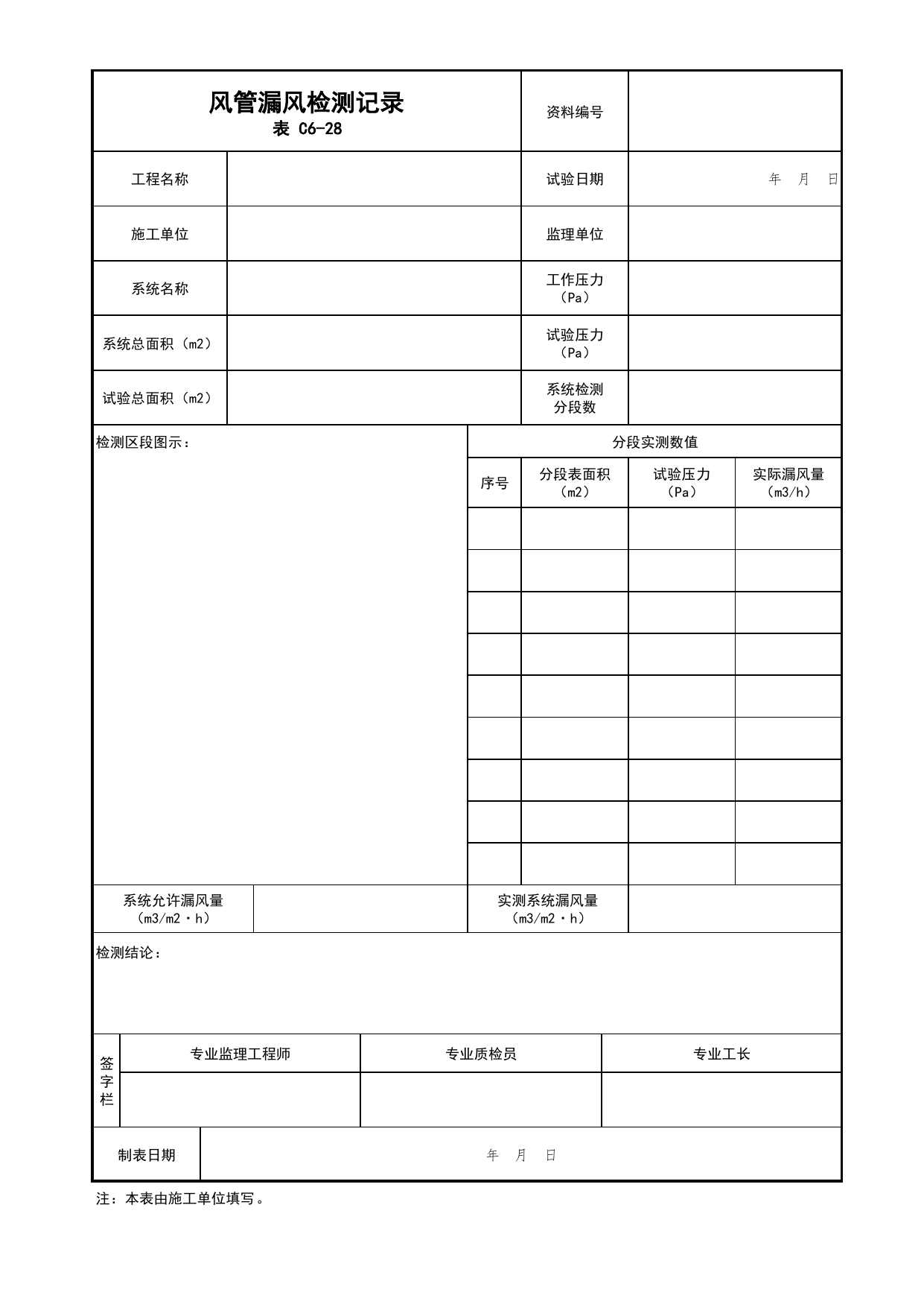 表C6-28 风管漏风检测记录_通风与空调工程_C6 施工试验资料_C类 施工资料_北京市建筑工程资料管理规程 DB11∕T695-2025 第 1 页