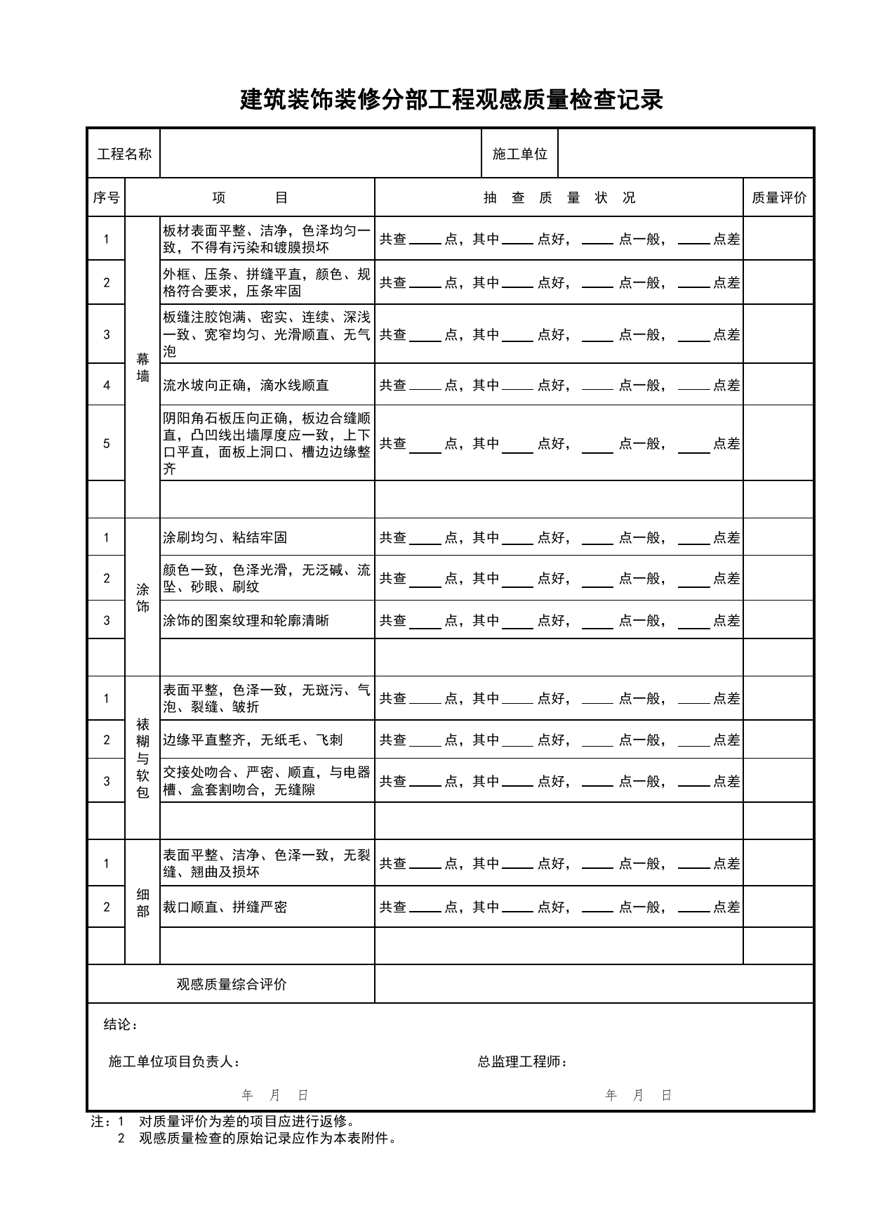 建筑装饰装修分部工程观感质量检查记录_分部工程观感质量检查记录_检验批质量验收记录_C7 过程验收资料_C类 施工资料_北京市建筑工程资料管理规程 DB11∕T695-2025 第 3 页