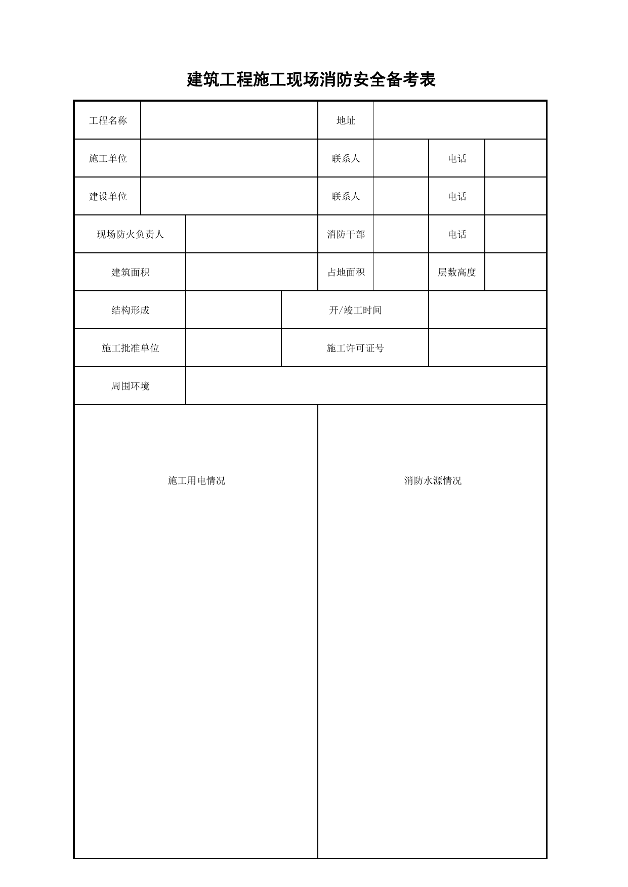 建筑工程施工现场消防安全备考表_施工现场消防保卫_北京市建设工程施工现场安全资料管理规程DB11-383-2006 第 1 页