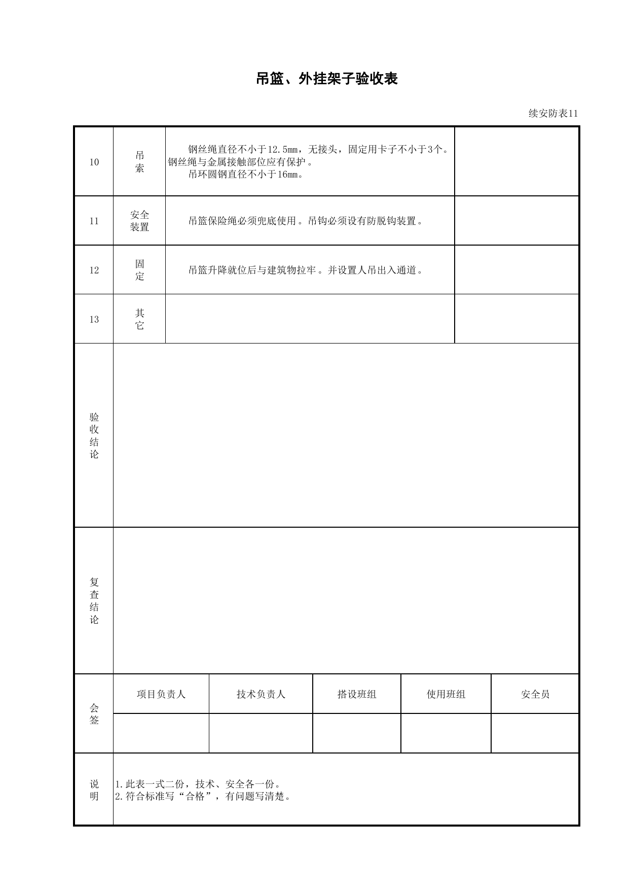吊篮、外挂架子验收表_安防表11_施工现场安全防护_北京市建设工程施工现场安全资料管理规程DB11-383-2006 第 2 页