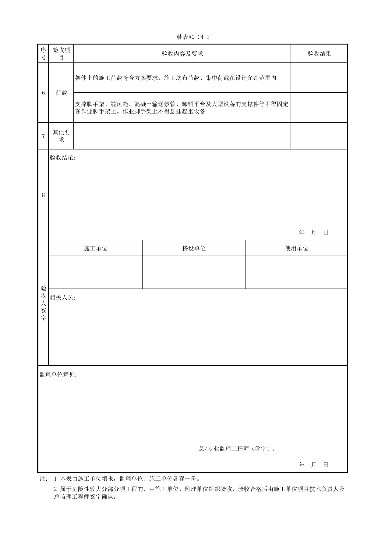 表AQ-C4-2 扣件式钢管脚手架验收表_AQ-C4 工程项目脚手架工程资料_AQ-C类 施工单位施工现场安全资料_北京市建筑工程施工现场安全资料管理规程(DB11/T383-2023) 第 2 页