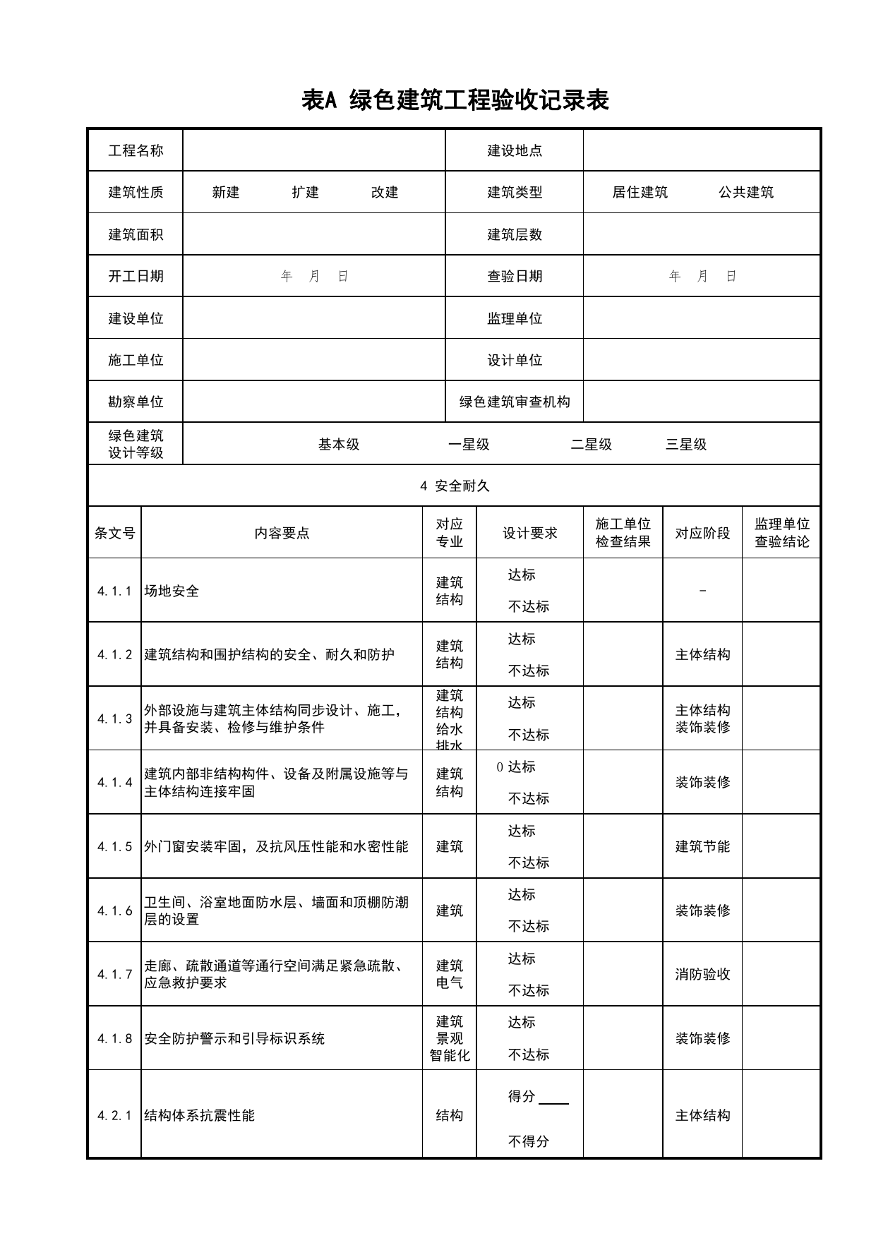 表A 绿色建筑工程验收记录表_绿色建筑工程验收标准 DB11_T1315-2025_北京市建筑工程资料管理规程 DB11∕T695-2025 第 1 页
