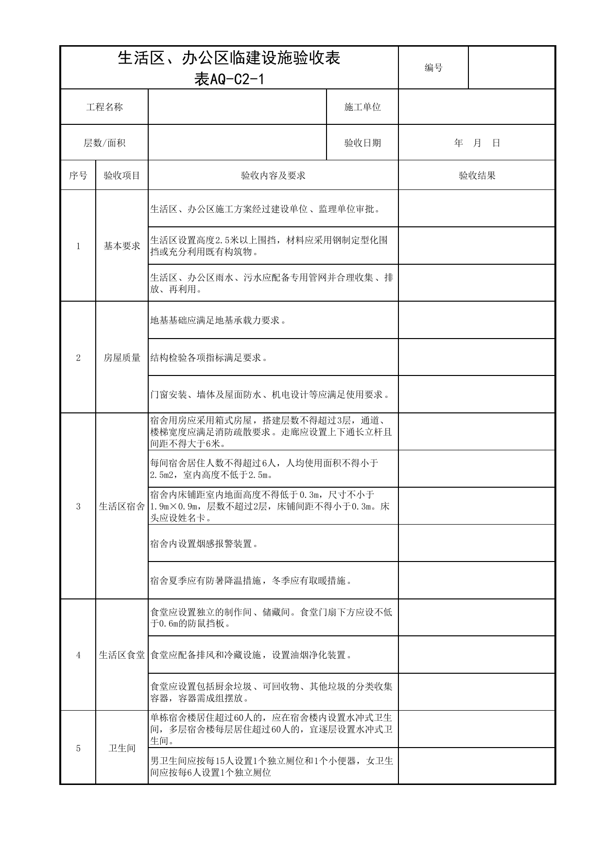 表AQ-C2-1 生活区、办公区临建设施验收表_AQ-C2 工程项目生活区、办公区管理资料_AQ-C类 施工单位施工现场安全资料_北京市建筑工程施工现场安全资料管理规程(DB11/T383-2023) 第 1 页