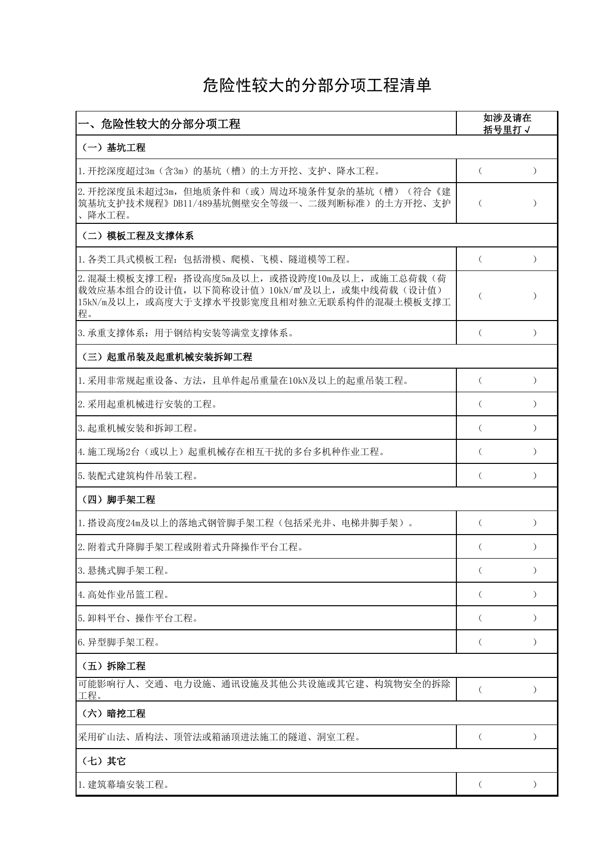 危险性较大的分部分项工程清单(京建法〔2019〕11号)_AQ-A类 建设单位施工现场安全资料_北京市建设工程施工现场安全资料管理规程(DB11_383-2017) 第 1 页