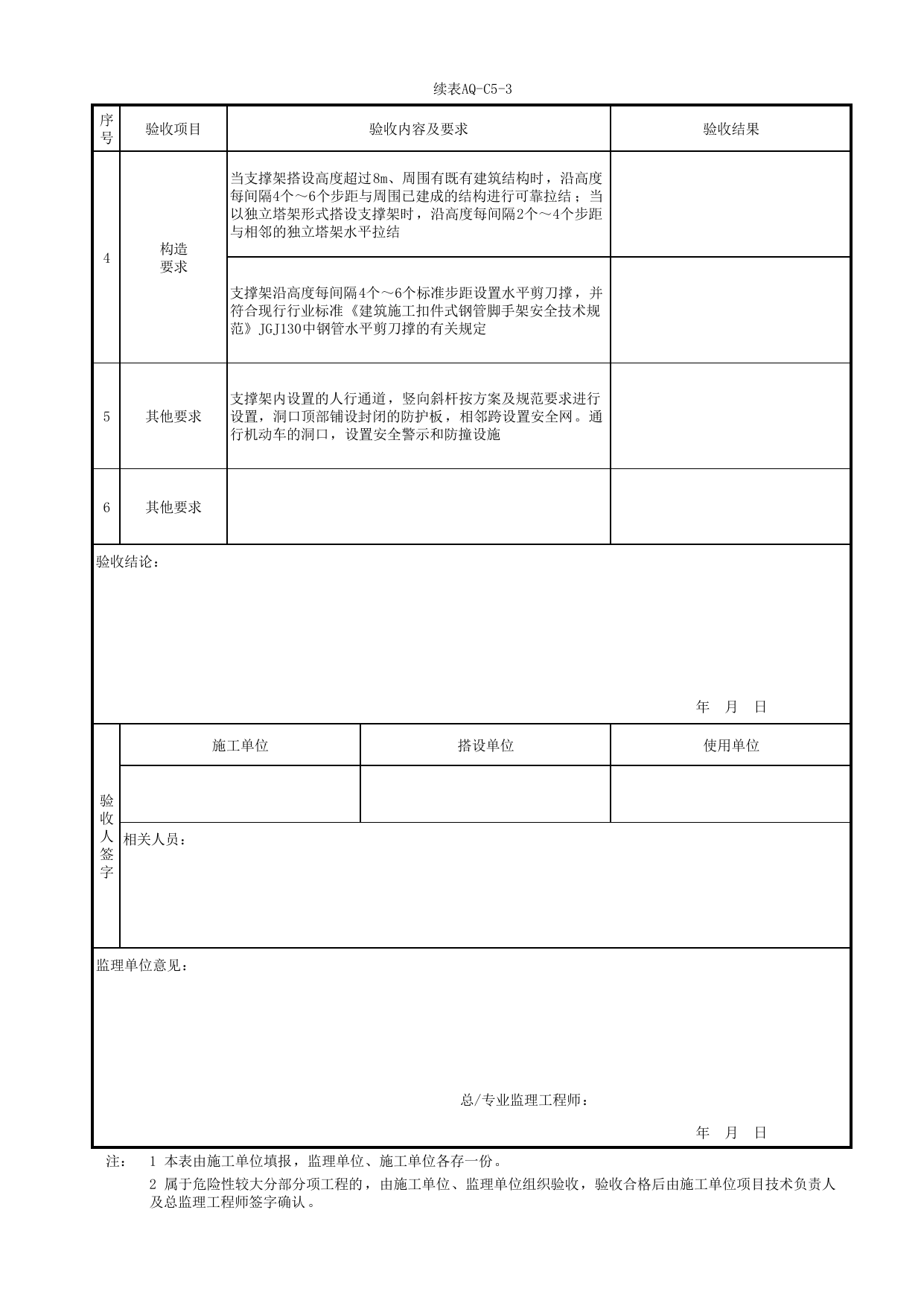 表AQ-C5-3 承插型盘扣式钢管模板支撑体系验收表_AQ-C5 工程项目模板及装配式工程资料_AQ-C类 施工单位施工现场安全资料_北京市建筑工程施工现场安全资料管理规程(DB11/T383-2023) 第 2 页