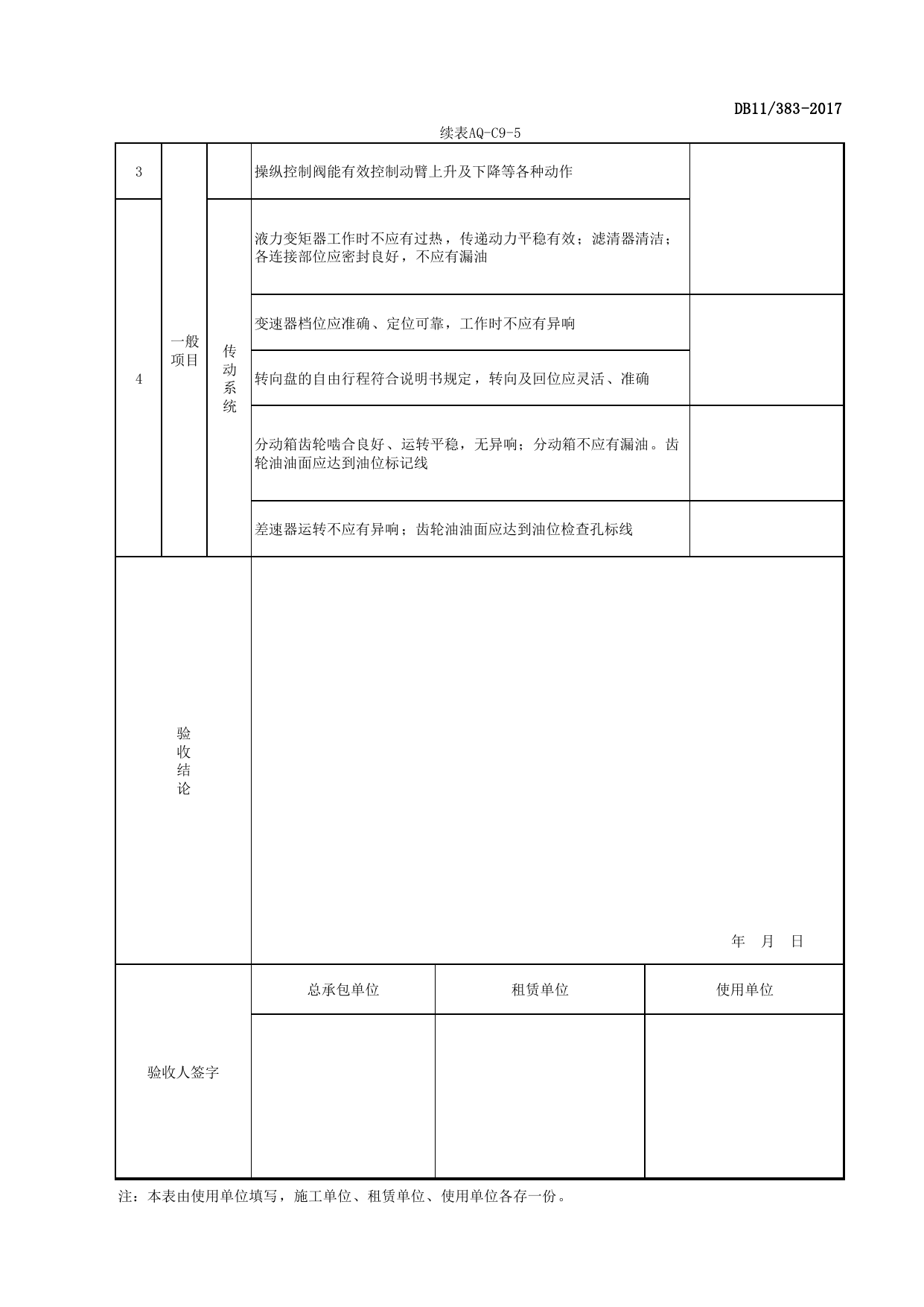 表AQ-C9-5 机动翻斗车检查验收表_AQ-C9 工程项目机械安全资料_AQ-C类 施工单位施工现场安全资料_北京市建设工程施工现场安全资料管理规程(DB11_383-2017) 第 2 页