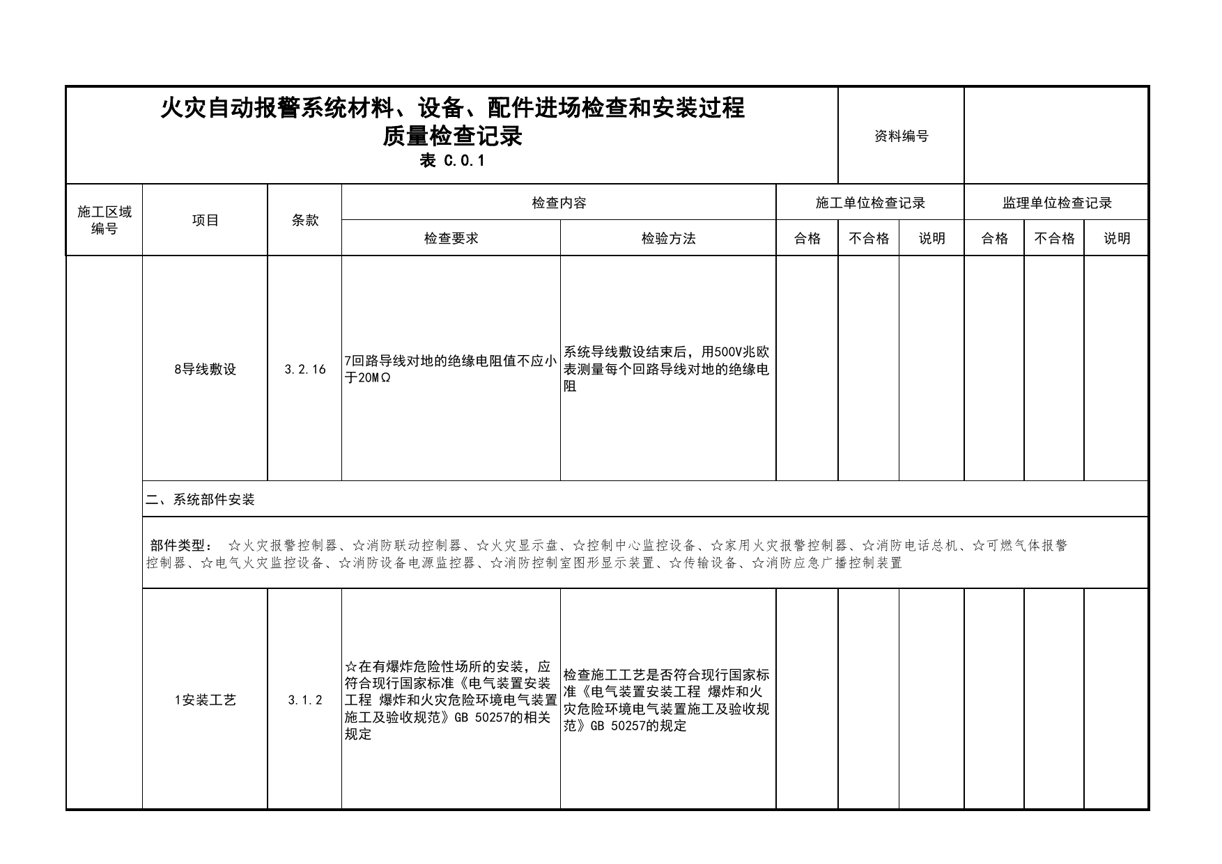火灾自动报警系统材料、设备、配件进场检查和安装过程质量检查记录(续表8)_01消防电源及配电分项_05消防电气和火灾自动报警系统_消防工程施工质量查验资料 第 1 页