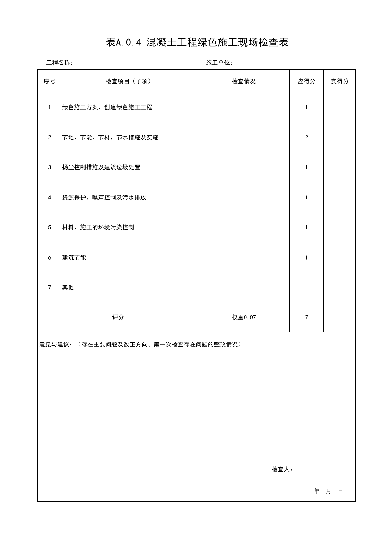 表A.0.4 混凝土工程绿色施工现场检查表_附录A 建筑结构工程质量评价混凝土结构工程现场检查表_北京市建筑(长城)结构优质工程质量评价标准 T_BCQMS01-2024_北京优质工程表格 第 1 页